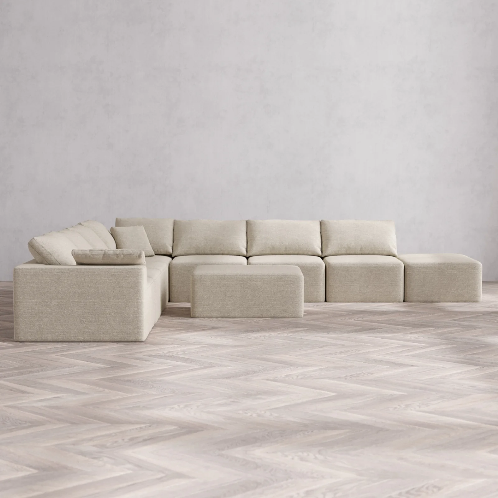 Modular Washable 8-Seater Open End Corner Sectional + Chaise Ottoman Cloud Sofa | Left-Facing Arm | Plush Twill in Sandstone