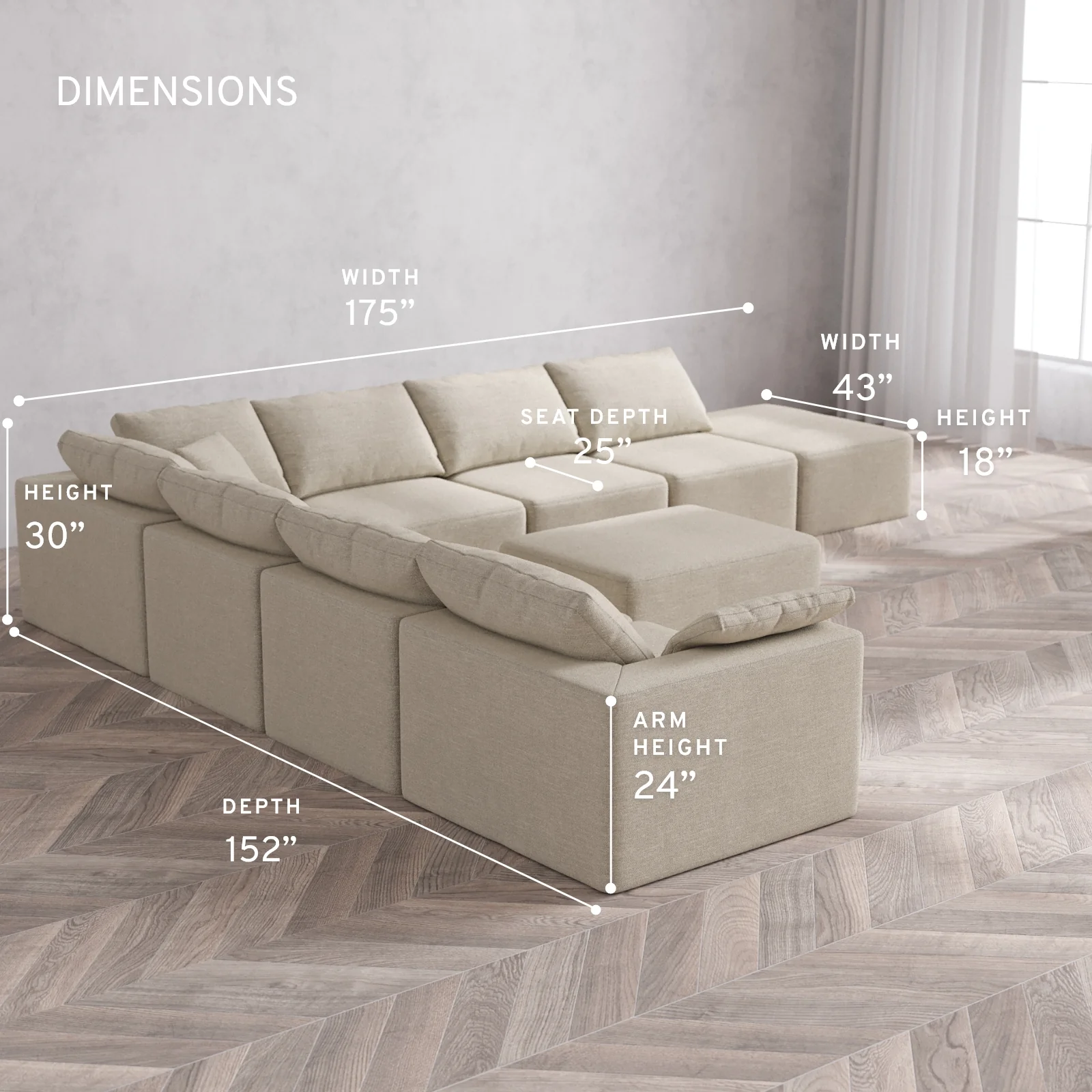Modular Washable 8-Seater Open End Corner Sectional + Chaise Ottoman Cloud Sofa | Left-Facing Arm | Plush Twill in Sandstone - Image 5