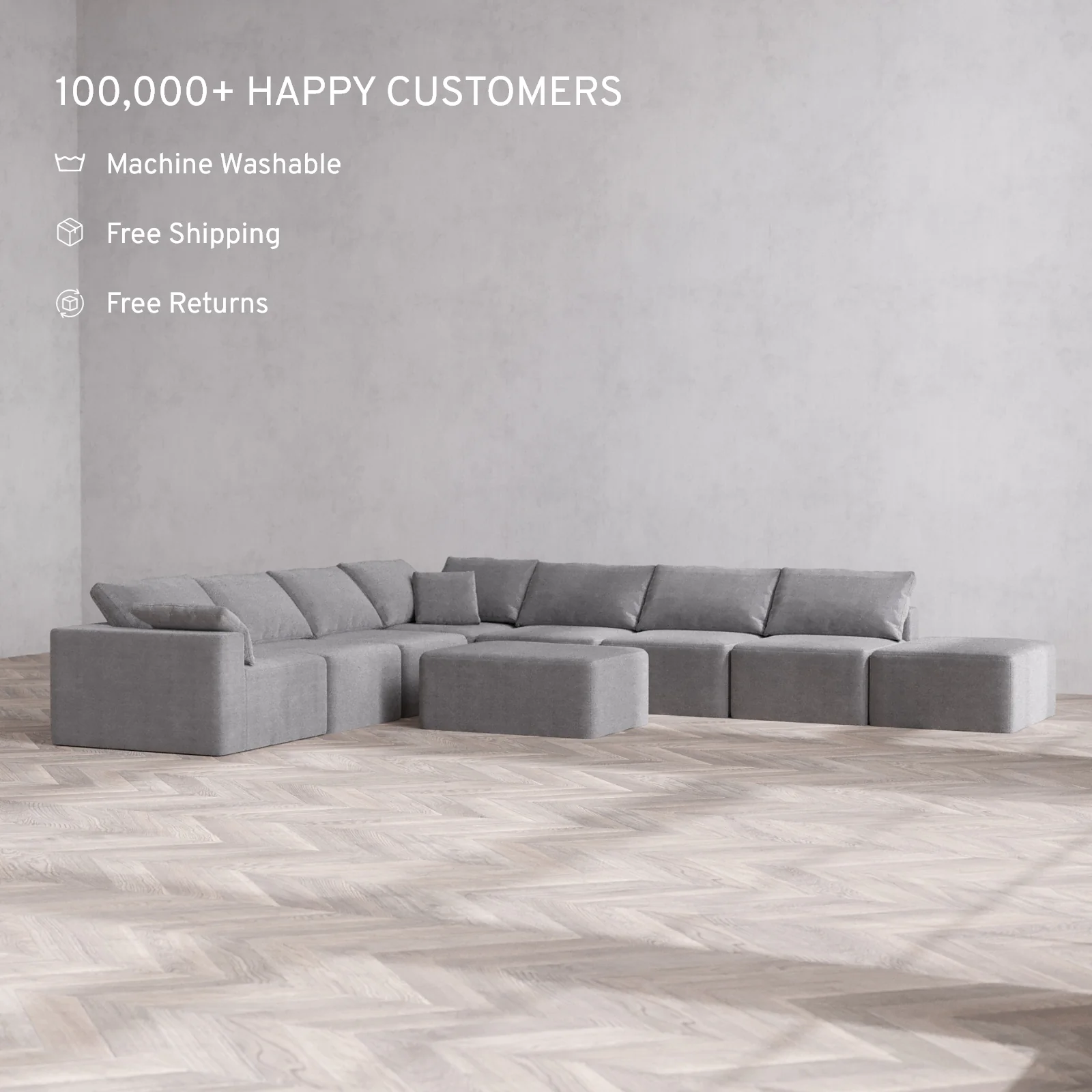 Modular Washable 8-Seater Open End Corner Sectional + Chaise Ottoman Cloud Sofa | Left-Facing Arm | Lux Weave in Slate - Image 2