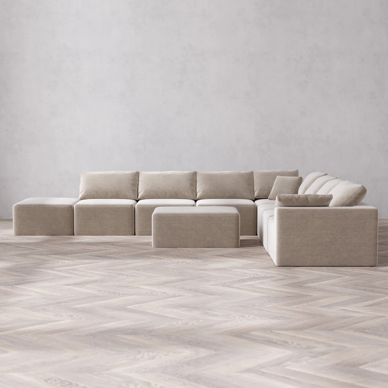 Modular Washable 8-Seater Open End Corner Sectional + Chaise Ottoman Cloud Sofa | Right-Facing Arm | Satin Velvet in Caraway