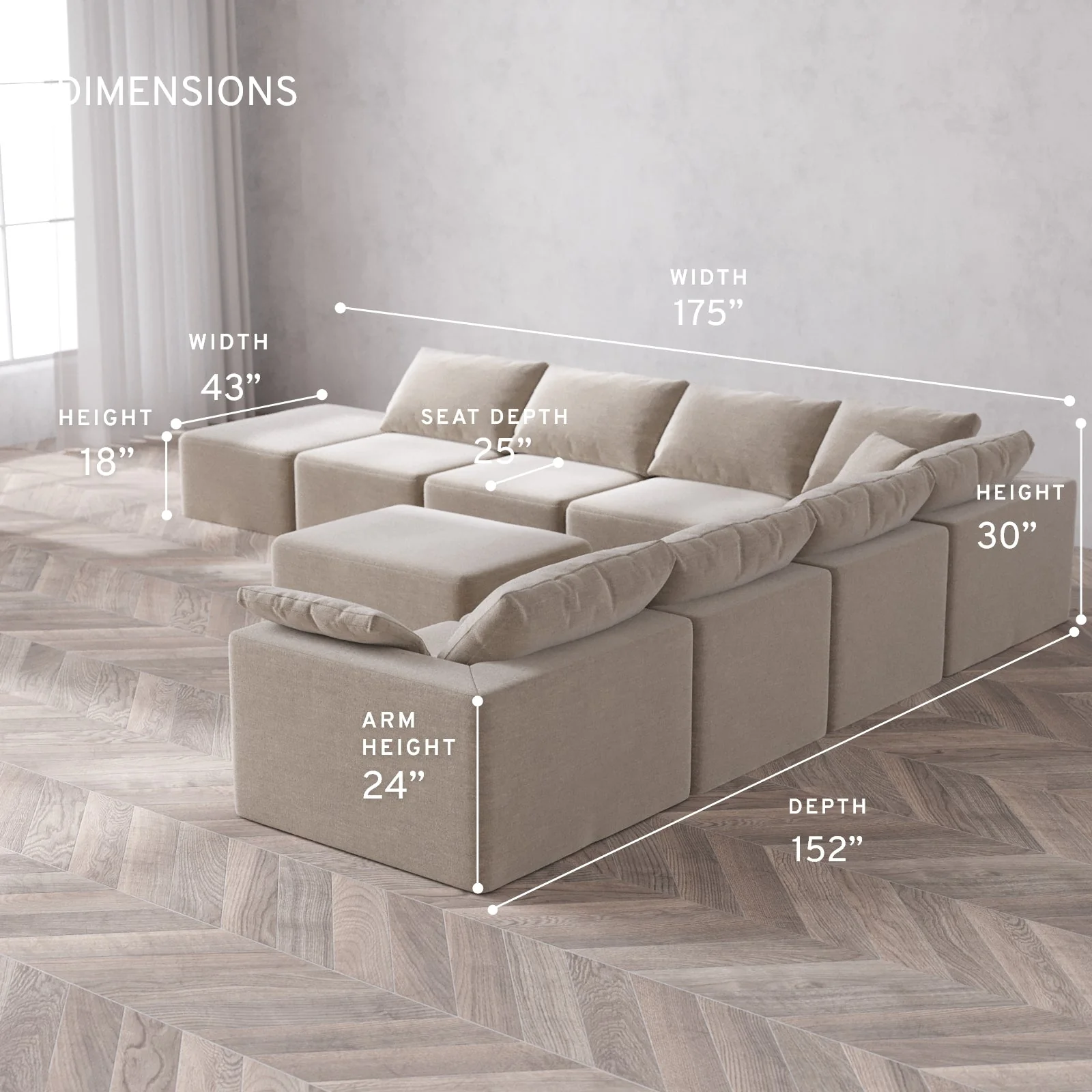 Modular Washable 8-Seater Open End Corner Sectional + Chaise Ottoman Cloud Sofa | Right-Facing Arm | Satin Velvet in Caraway - Image 5