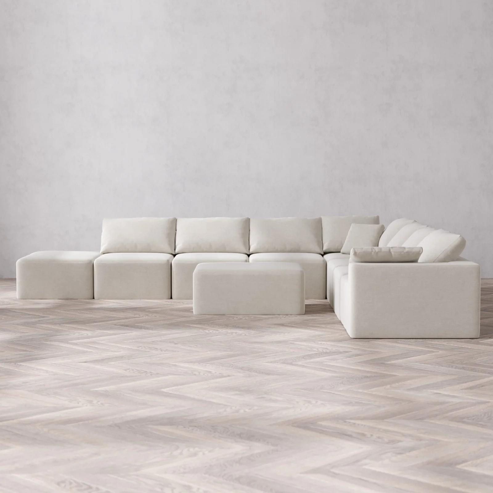 Modular Washable 8-Seater Open End Corner Sectional + Chaise Ottoman Cloud Sofa | Right-Facing Arm | Satin Velvet in Cashew
