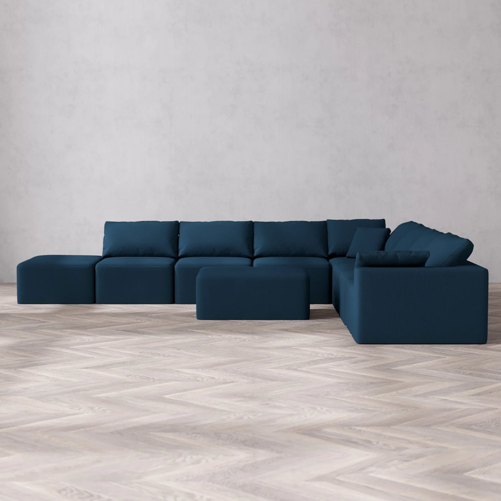 Modular Washable 8-Seater Open End Corner Sectional + Chaise Ottoman Cloud Sofa | Right-Facing Arm | Arden Weave in Lazuli