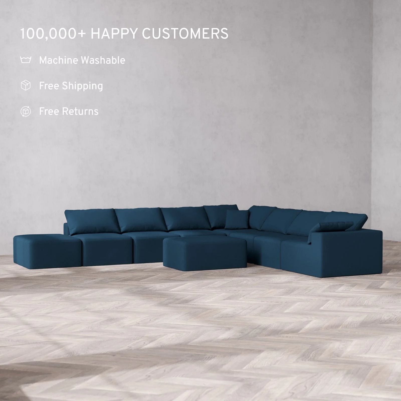 Modular Washable 8-Seater Open End Corner Sectional + Chaise Ottoman Cloud Sofa | Right-Facing Arm | Arden Weave in Lazuli - Image 2