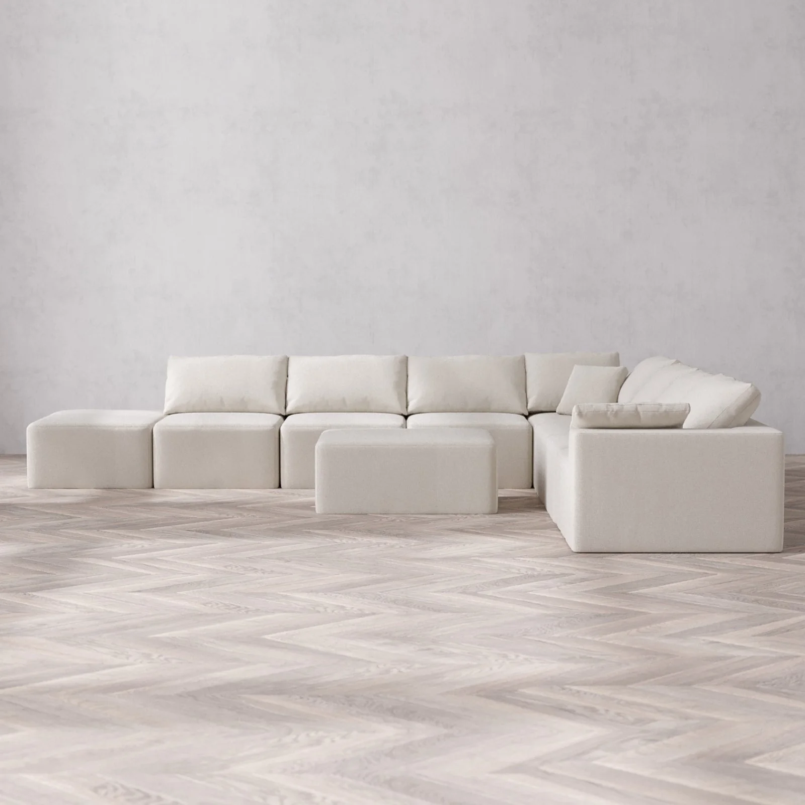 Modular Washable 8-Seater Open End Corner Sectional + Chaise Ottoman Cloud Sofa | Right-Facing Arm | Lux Weave in Pearl