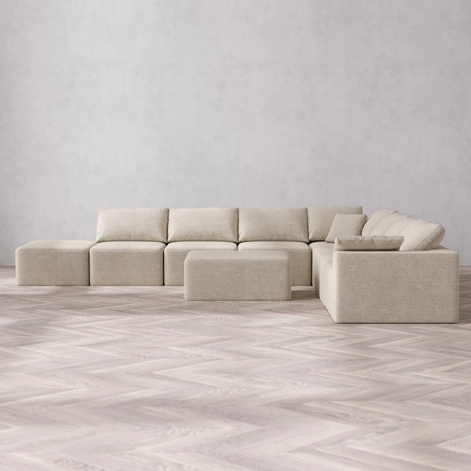 Modular Washable 8-Seater Open End Corner Sectional + Chaise Ottoman Cloud Sofa | Right-Facing Arm | Plush Twill in Sandstone
