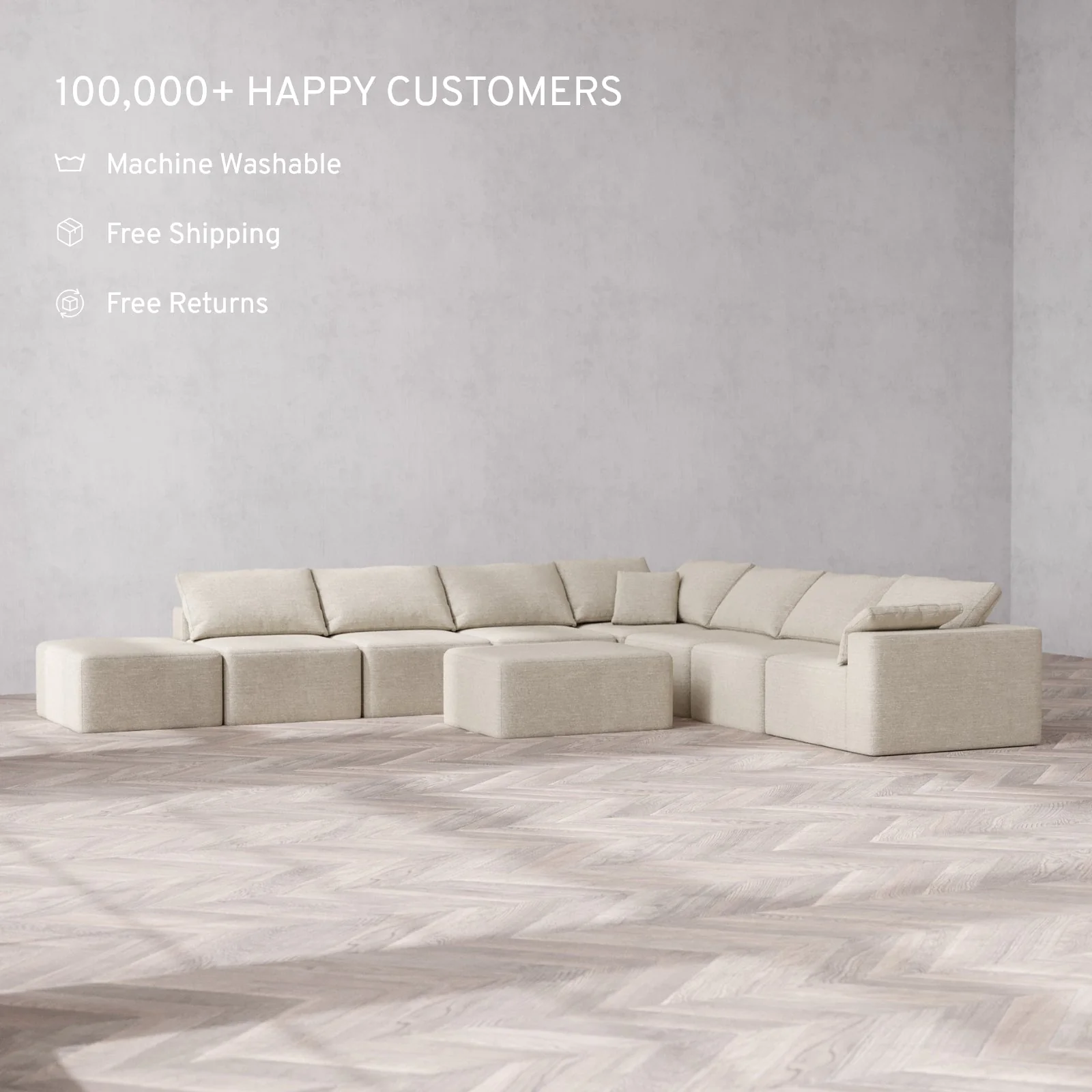 Modular Washable 8-Seater Open End Corner Sectional + Chaise Ottoman Cloud Sofa | Right-Facing Arm | Plush Twill in Sandstone - Image 2