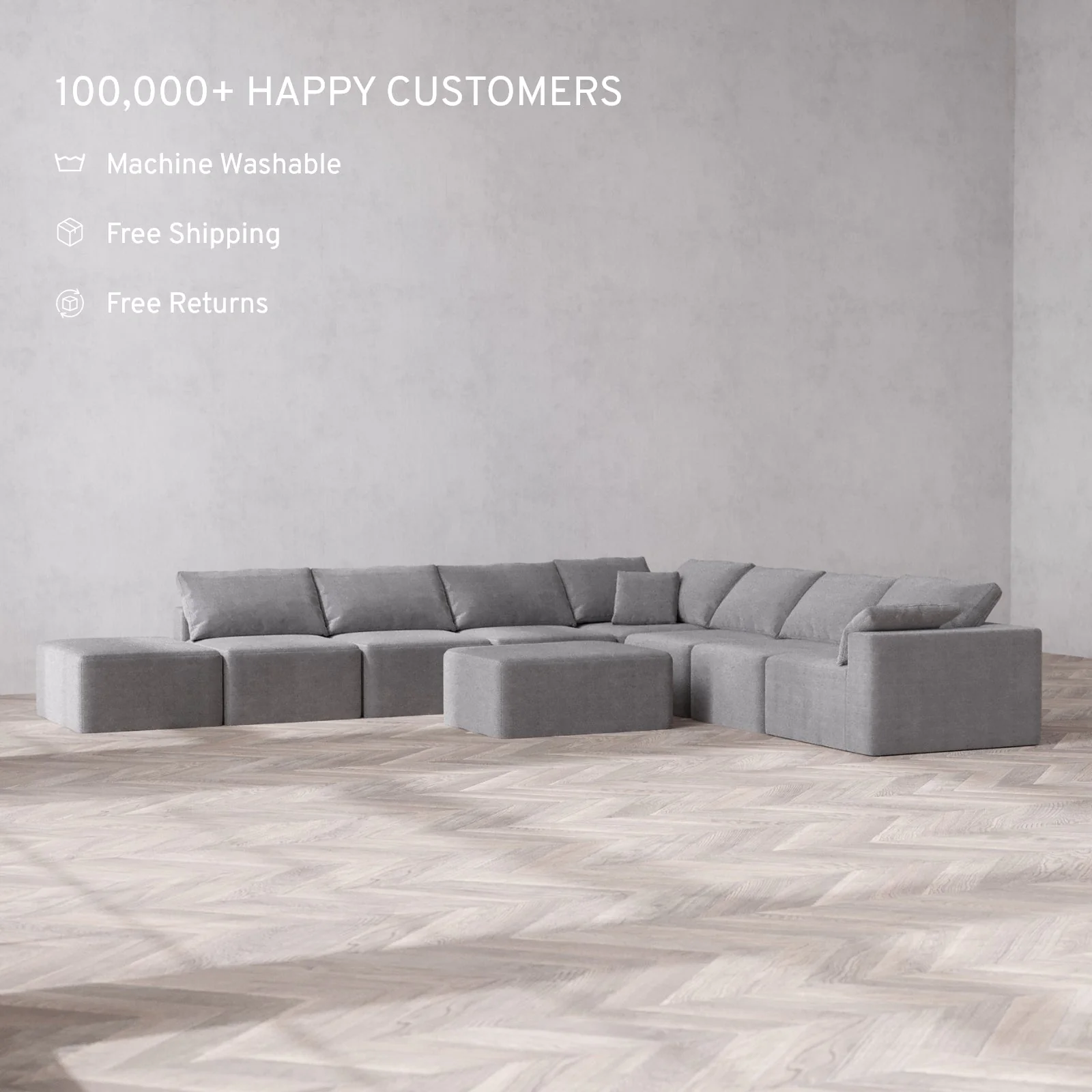 Modular Washable 8-Seater Open End Corner Sectional + Chaise Ottoman Cloud Sofa | Right-Facing Arm | Lux Weave in Slate - Image 2