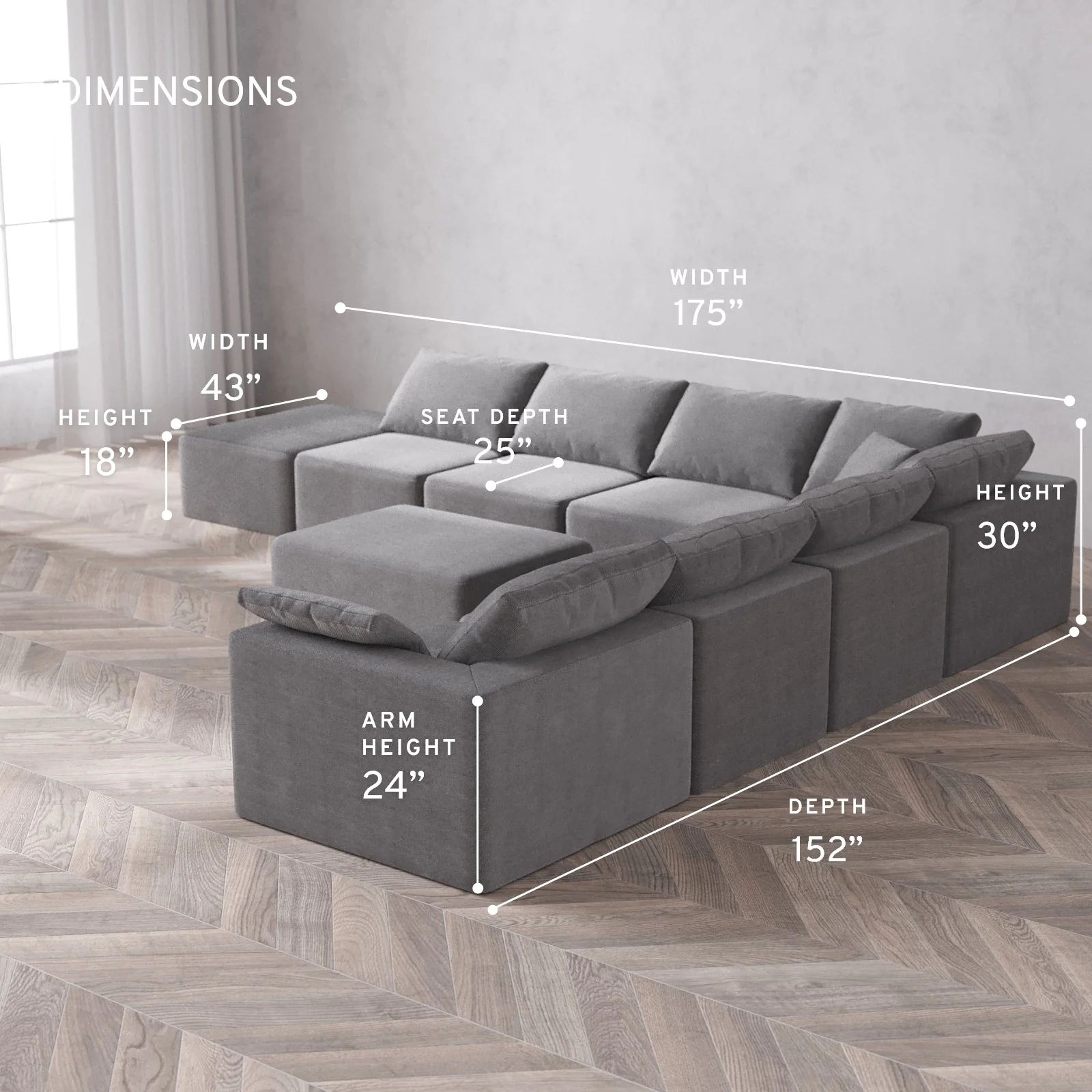 Modular Washable 8-Seater Open End Corner Sectional + Chaise Ottoman Cloud Sofa | Right-Facing Arm | Lux Weave in Slate - Image 5