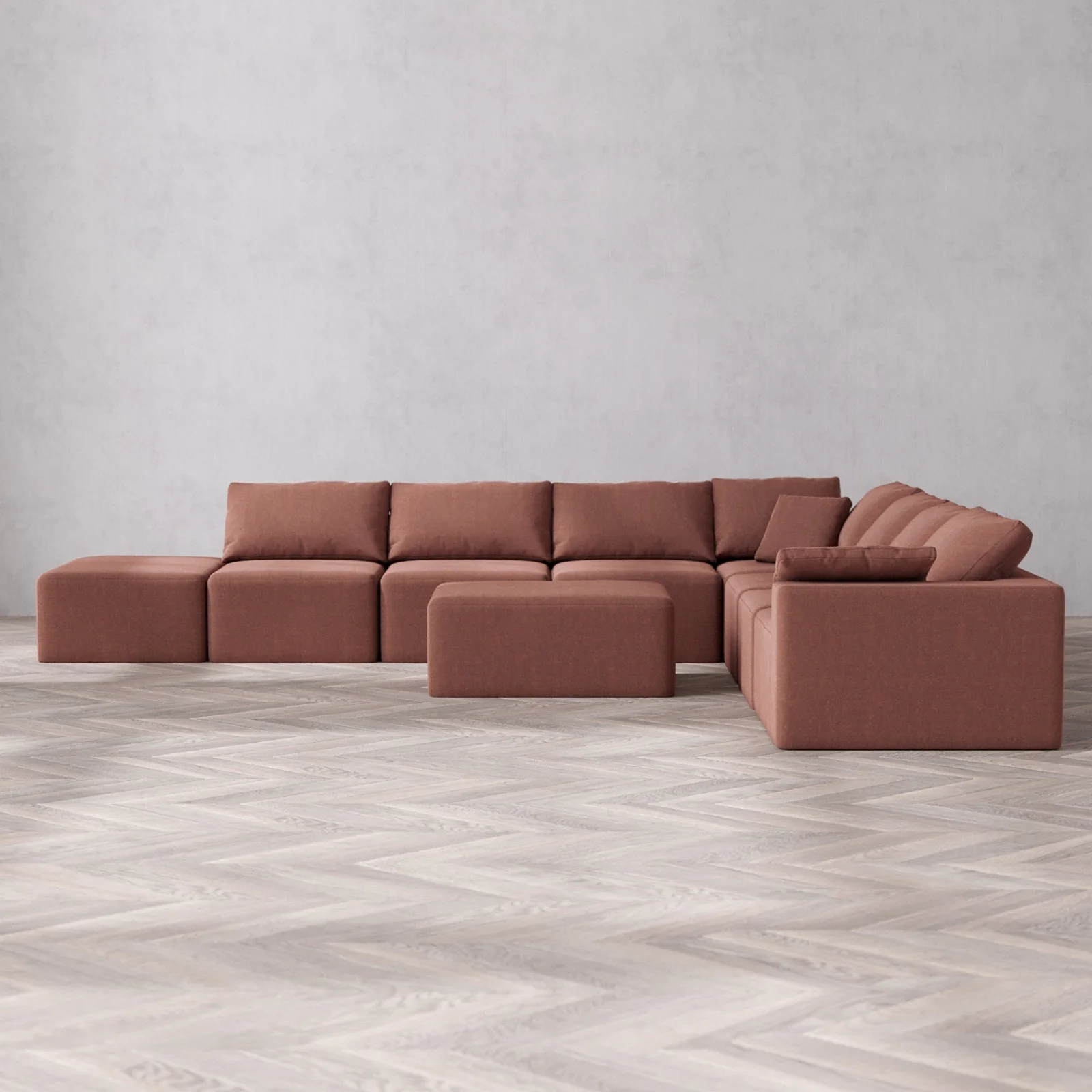 Modular Washable 8-Seater Open End Corner Sectional + Chaise Ottoman Cloud Sofa | Right-Facing Arm | Heirloom Velvet in Sumac