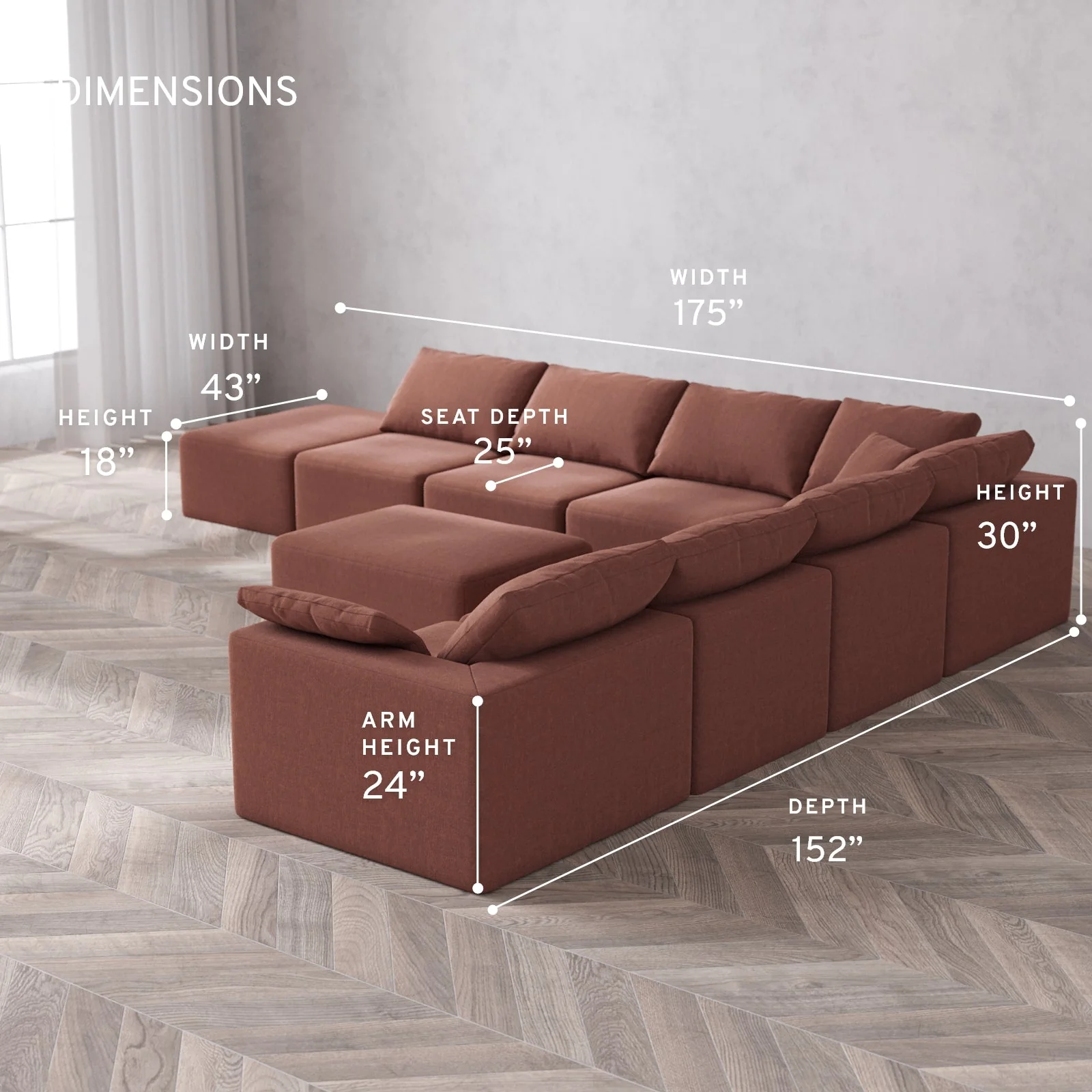 Modular Washable 8-Seater Open End Corner Sectional + Chaise Ottoman Cloud Sofa | Right-Facing Arm | Heirloom Velvet in Sumac - Image 5