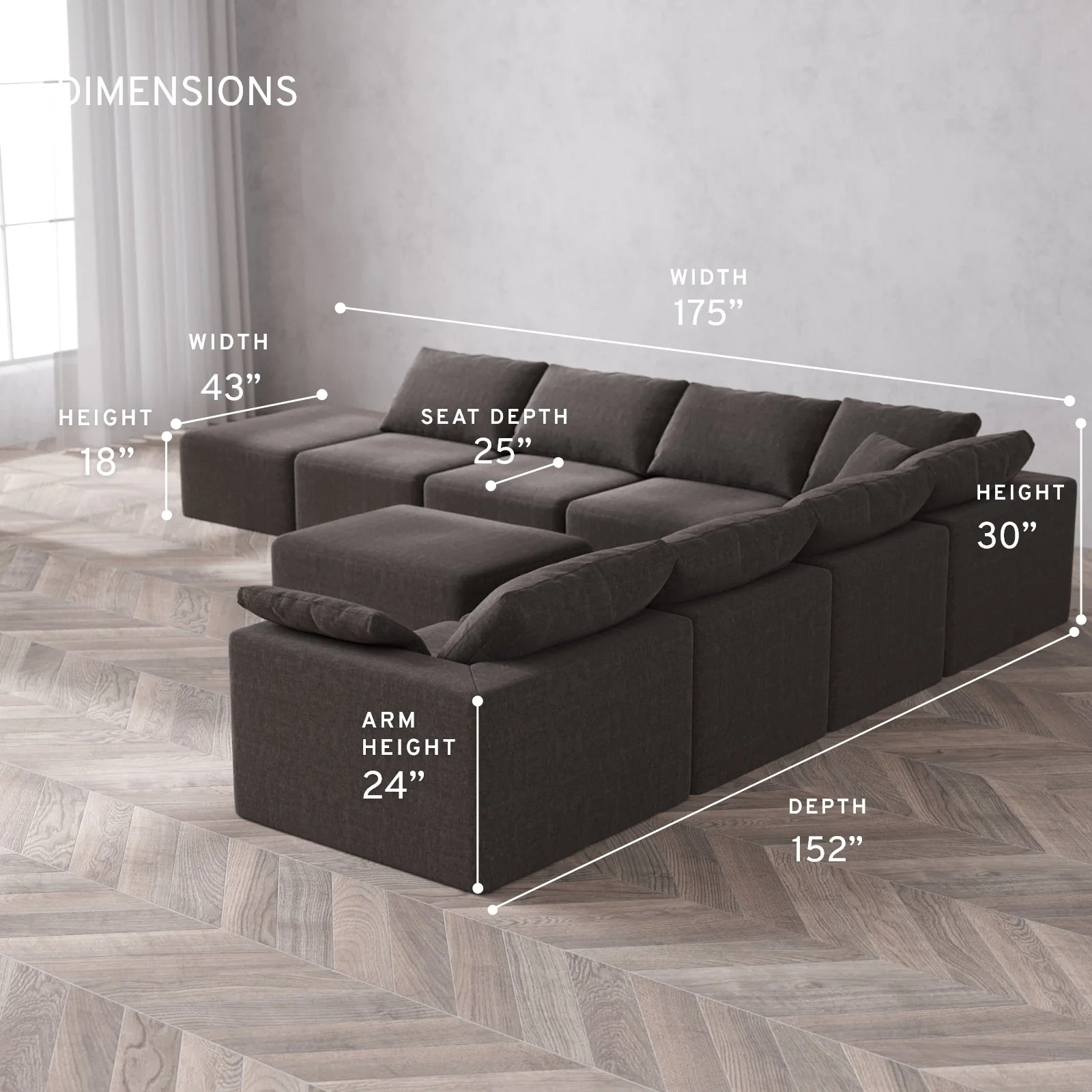 Modular Washable 8-Seater Open End Corner Sectional + Chaise Ottoman Cloud Sofa | Right-Facing Arm | Heirloom Velvet in Truffle - Image 5