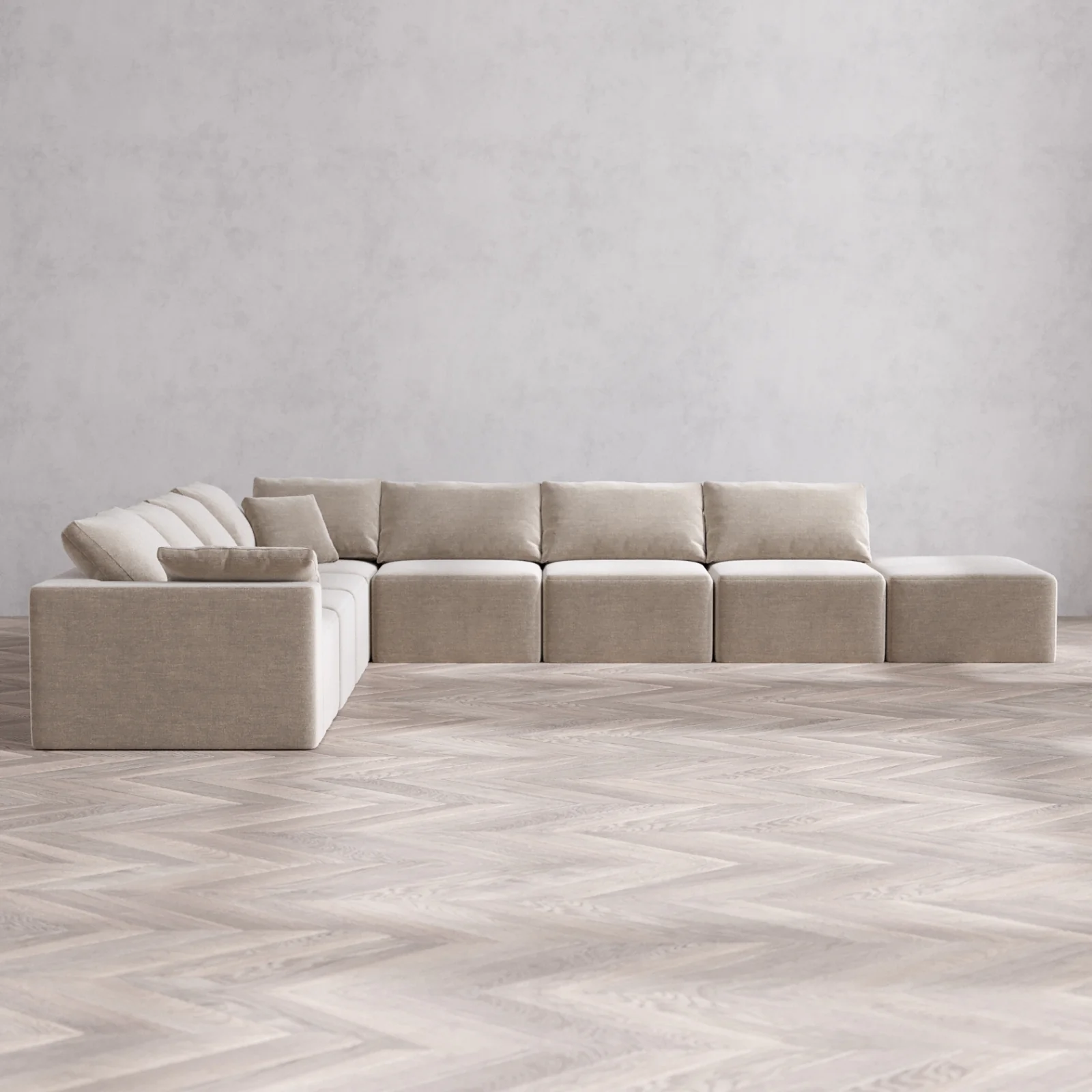 Modular Washable 8-Seater Open End Corner Sectional Cloud Sofa | Left-Facing Arm | Satin Velvet in Caraway