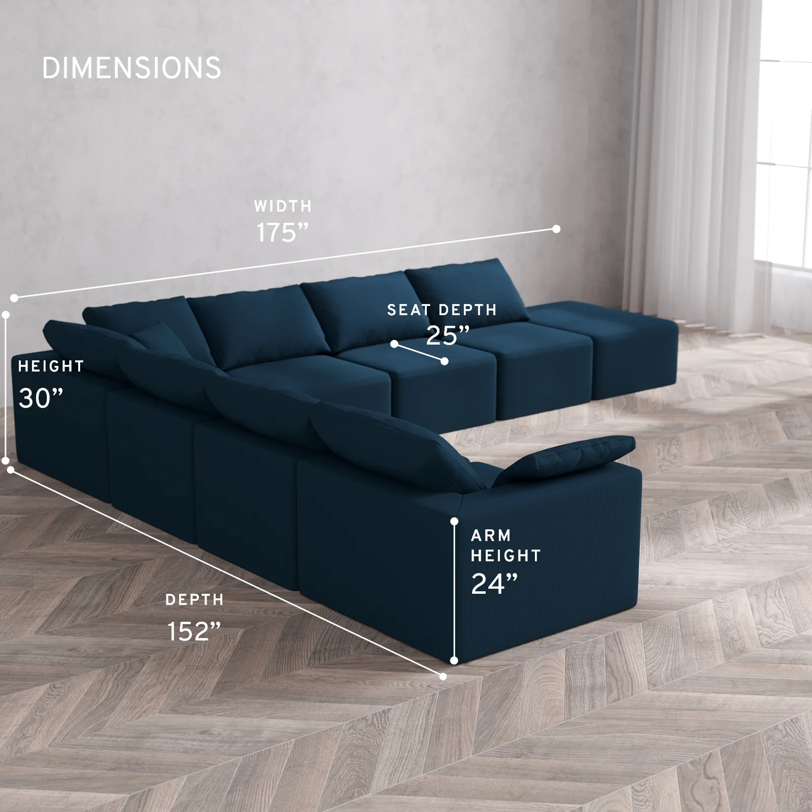 Modular Washable 8-Seater Open End Corner Sectional Cloud Sofa | Left-Facing Arm | Arden Weave in Lazuli - Image 5