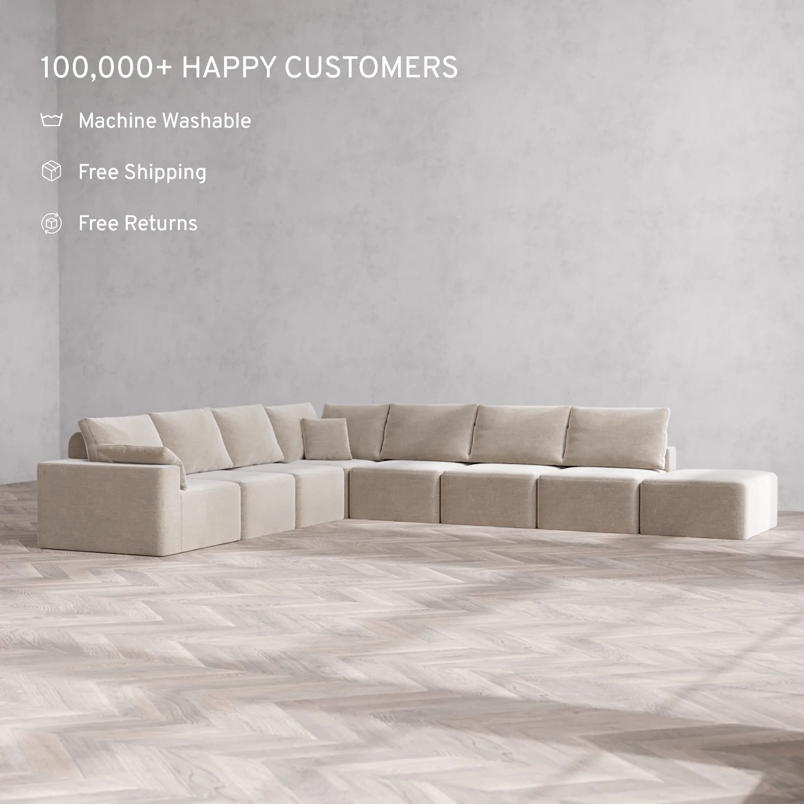 Modular Washable 8-Seater Open End Corner Sectional Cloud + Bolster Sofa | Left-Facing Arm | Satin Velvet in Caraway - Image 2