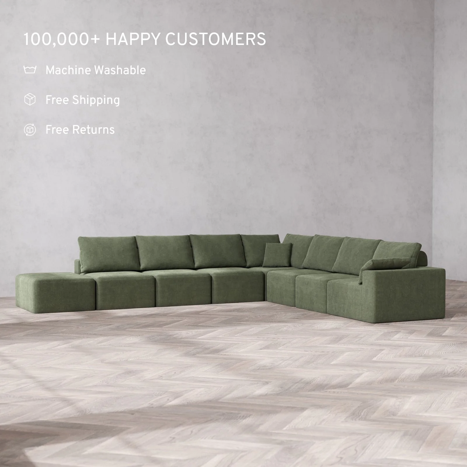 Modular Washable 8-Seater Open End Corner Sectional Cloud + Bolster Sofa | Right-Facing Arm | Luxe Corduroy in Juniper - Image 2
