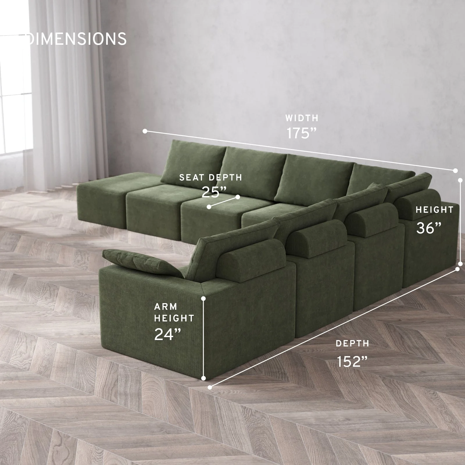 Modular Washable 8-Seater Open End Corner Sectional Cloud + Bolster Sofa | Right-Facing Arm | Luxe Corduroy in Juniper - Image 5