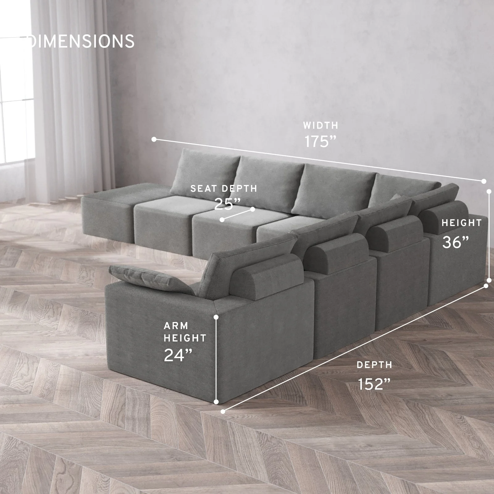 Modular Washable 8-Seater Open End Corner Sectional Cloud + Bolster Sofa | Right-Facing Arm | Lux Weave in Slate - Image 5