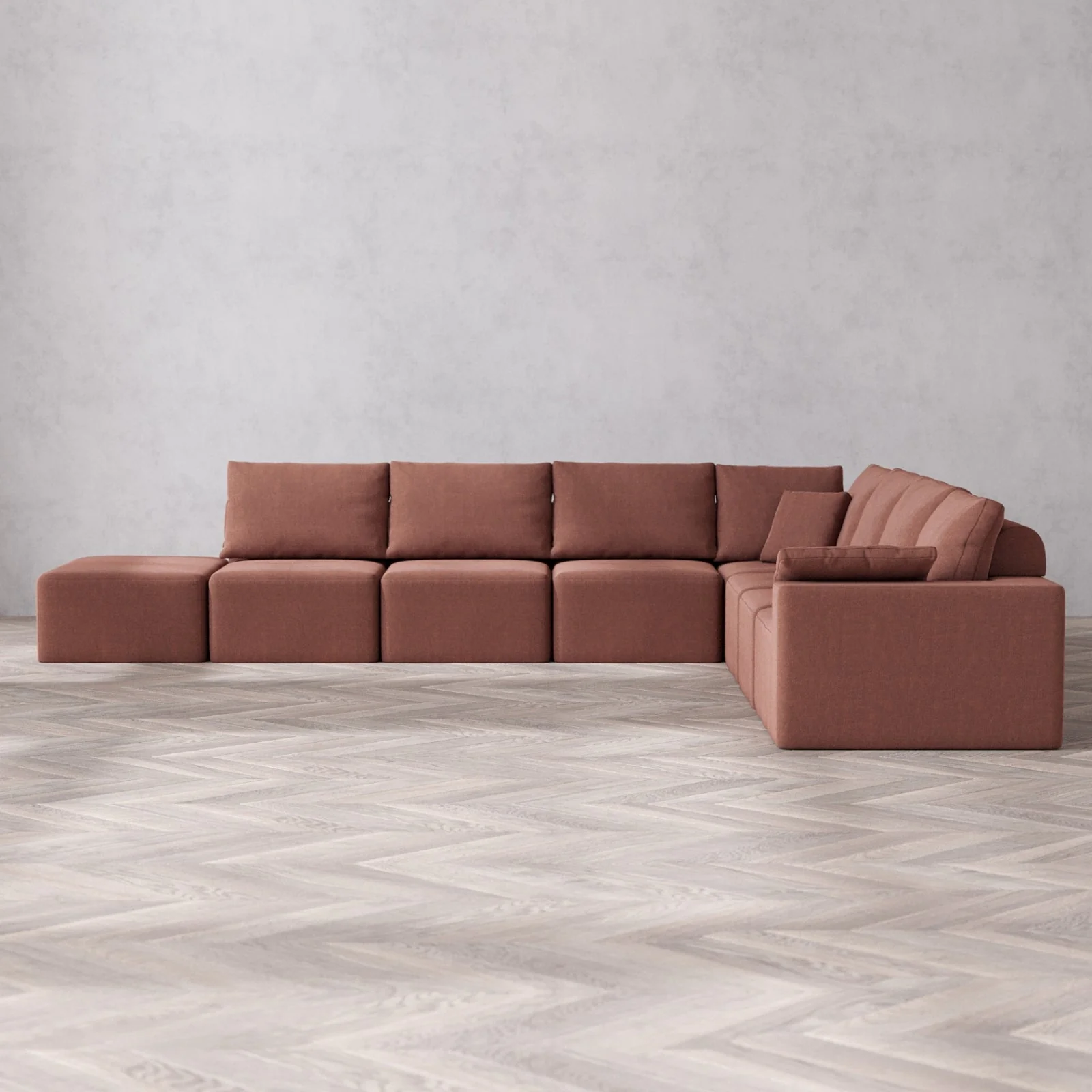 Modular Washable 8-Seater Open End Corner Sectional Cloud + Bolster Sofa | Right-Facing Arm | Heirloom Velvet in Sumac