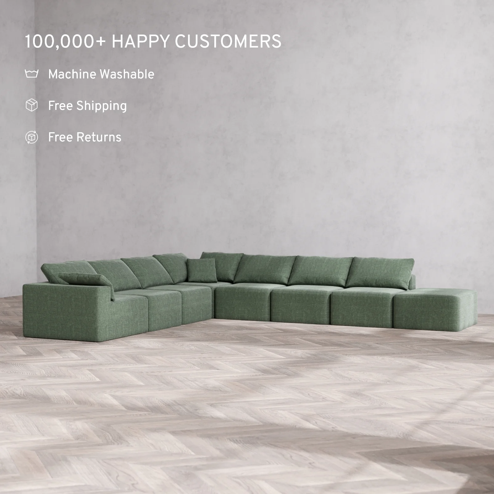 Modular Washable 8-Seater Open End Corner Sectional Cloud Sofa | Left-Facing Arm | Heirloom Velvet in Sage - Image 2