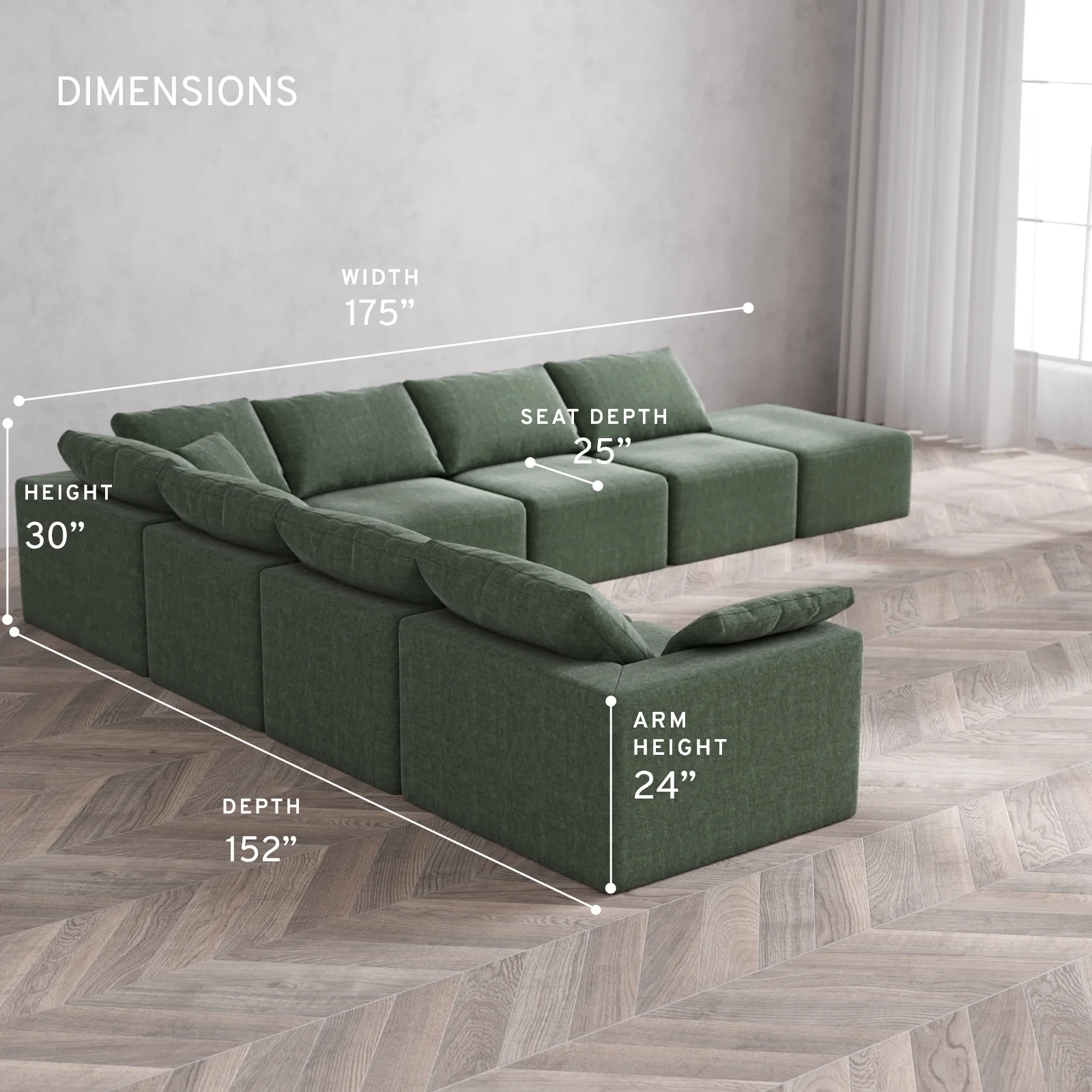 Modular Washable 8-Seater Open End Corner Sectional Cloud Sofa | Left-Facing Arm | Heirloom Velvet in Sage - Image 5