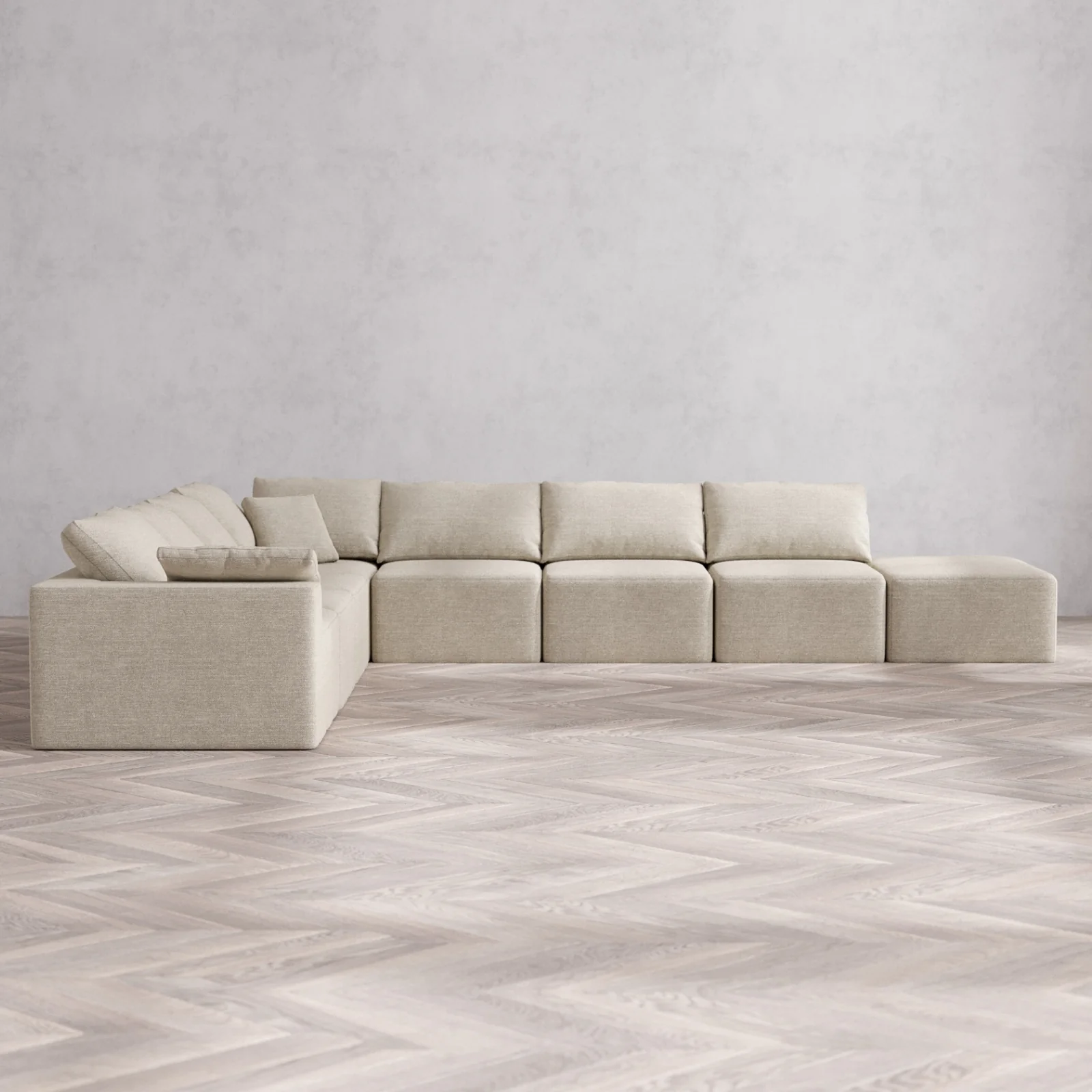 Modular Washable 8-Seater Open End Corner Sectional Cloud Sofa | Left-Facing Arm | Plush Twill in Sandstone