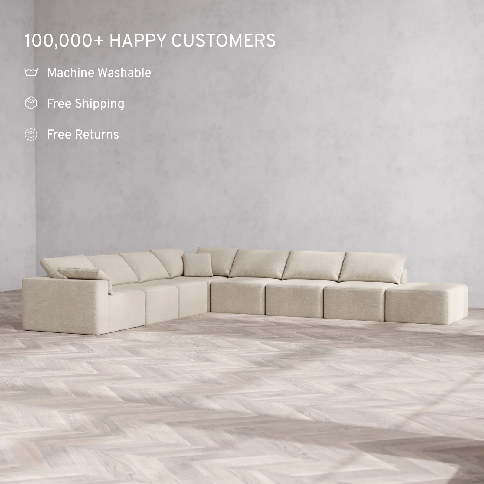Modular Washable 8-Seater Open End Corner Sectional Cloud Sofa | Left-Facing Arm | Plush Twill in Sandstone - Image 2