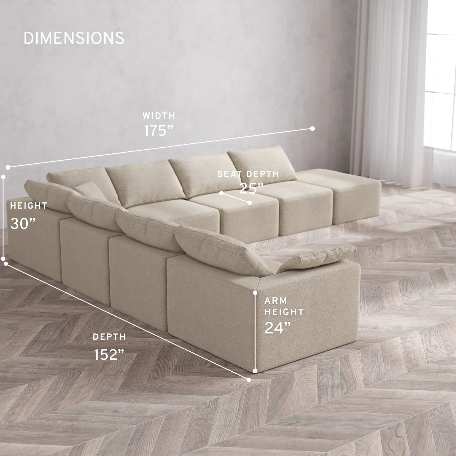 Modular Washable 8-Seater Open End Corner Sectional Cloud Sofa | Left-Facing Arm | Plush Twill in Sandstone - Image 5