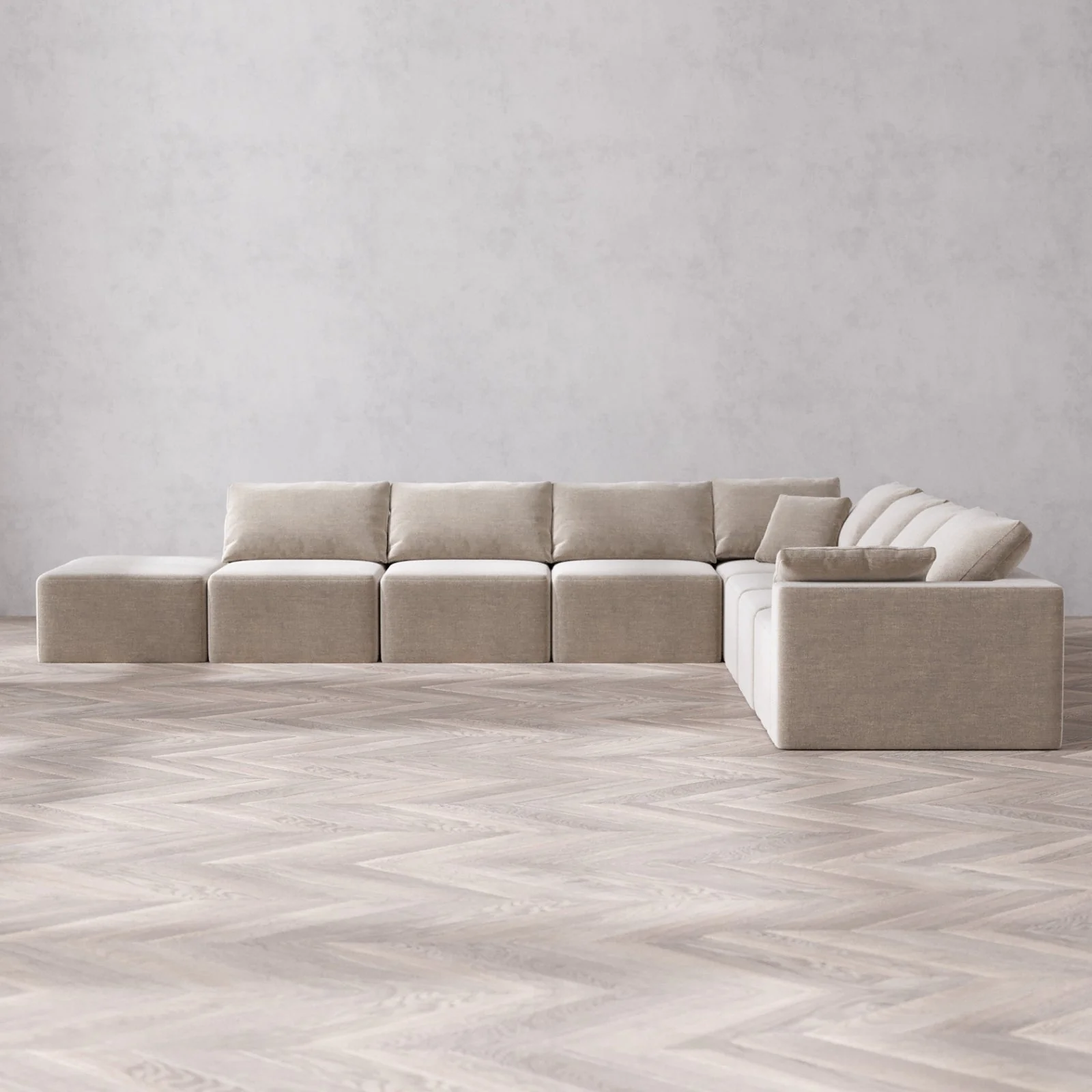 Modular Washable 8-Seater Open End Corner Sectional Cloud Sofa | Right-Facing Arm | Satin Velvet in Caraway