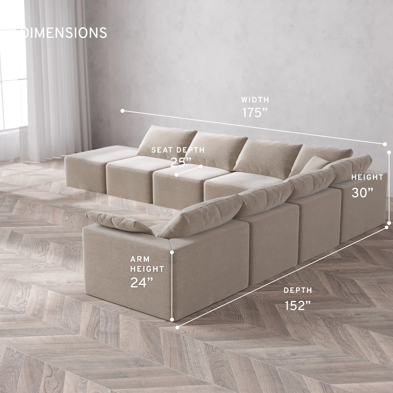 Modular Washable 8-Seater Open End Corner Sectional Cloud Sofa | Right-Facing Arm | Satin Velvet in Caraway - Image 5
