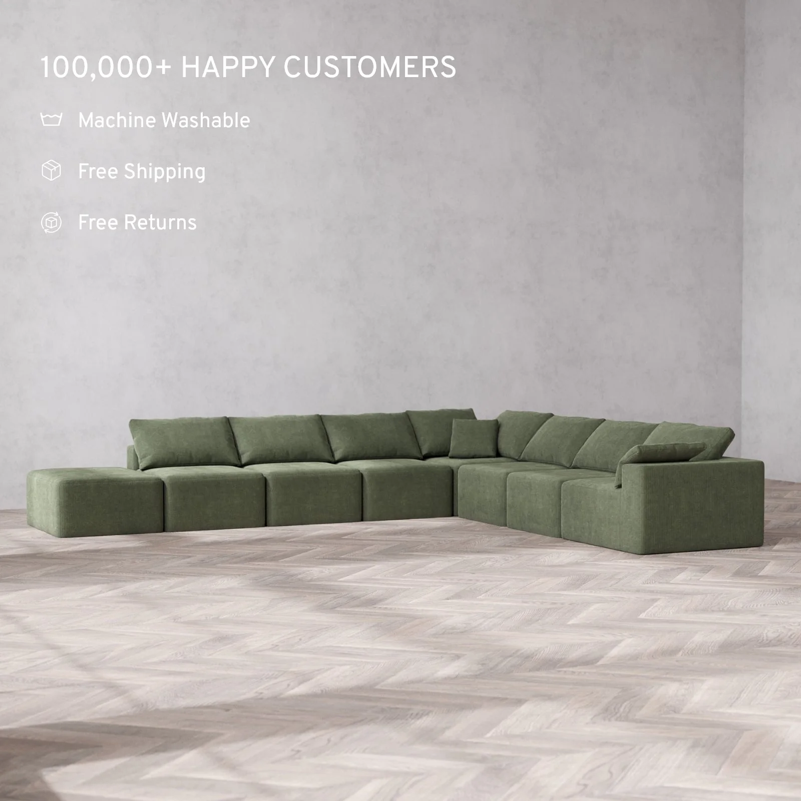 Modular Washable 8-Seater Open End Corner Sectional Cloud Sofa | Right-Facing Arm | Luxe Corduroy in Juniper - Image 2