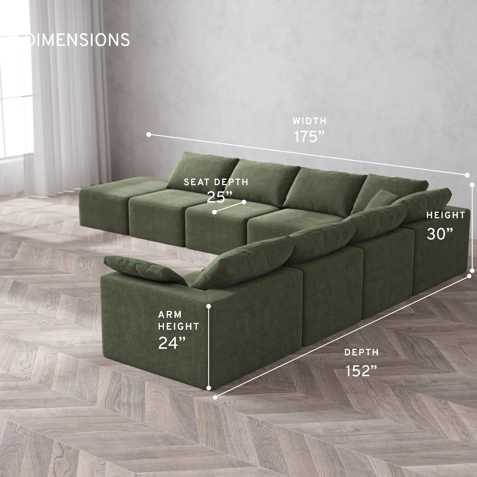 Modular Washable 8-Seater Open End Corner Sectional Cloud Sofa | Right-Facing Arm | Luxe Corduroy in Juniper - Image 5