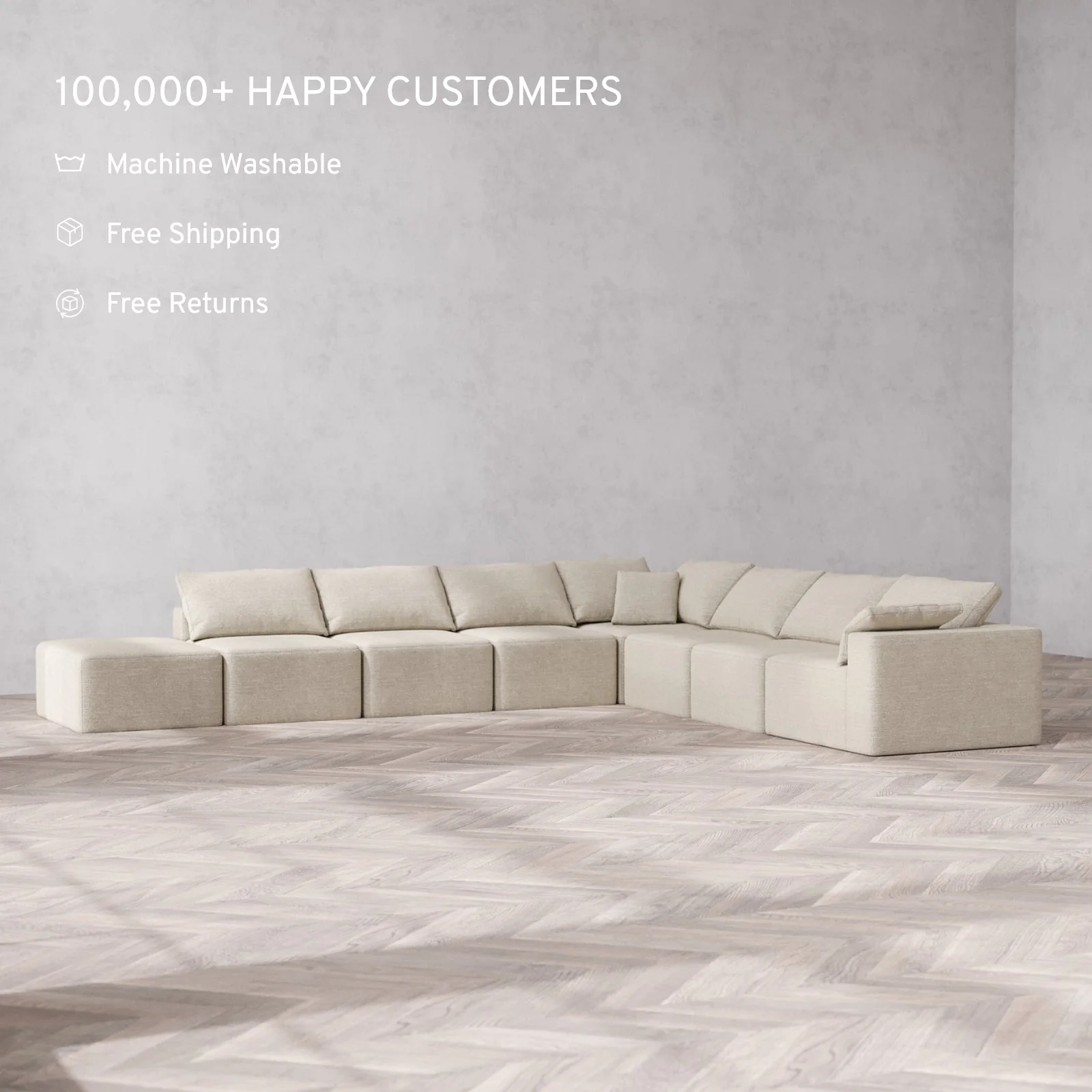 Modular Washable 8-Seater Open End Corner Sectional Cloud Sofa | Right-Facing Arm | Plush Twill in Sandstone - Image 2