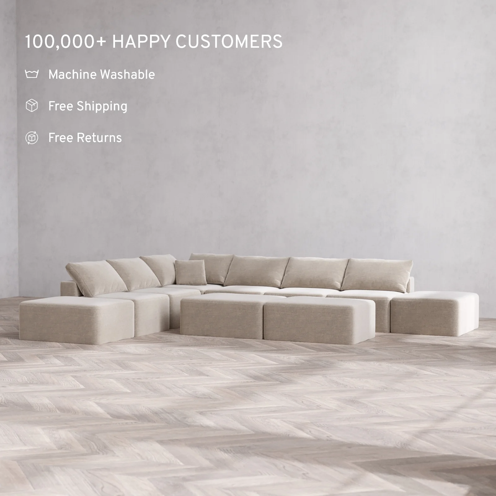 Modular Washable 8-Seater Open-Ends Corner Sectional + Chaise Ottoman Bench Cloud Sofa | Satin Velvet in Caraway - Image 2