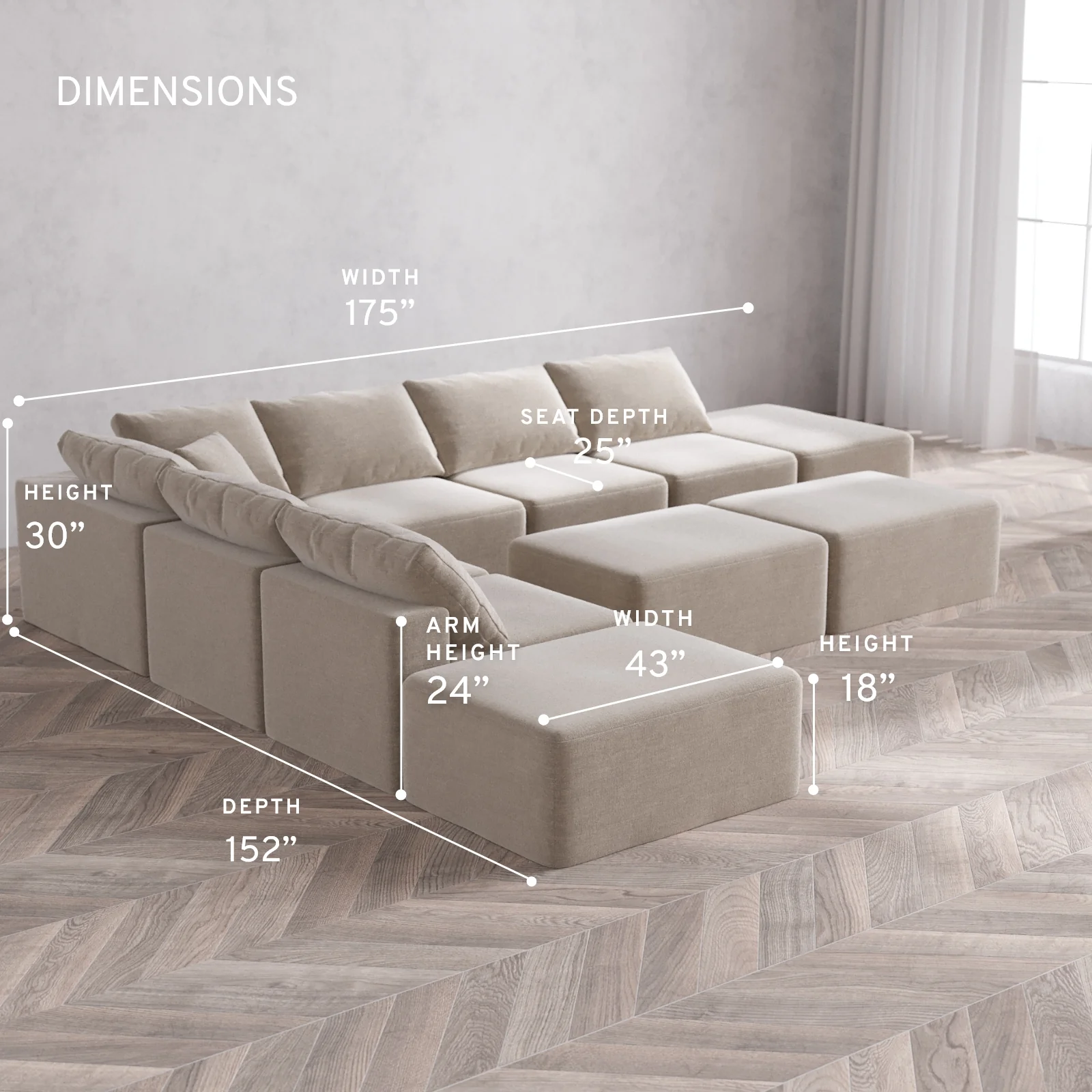 Modular Washable 8-Seater Open-Ends Corner Sectional + Chaise Ottoman Bench Cloud Sofa | Satin Velvet in Caraway - Image 5