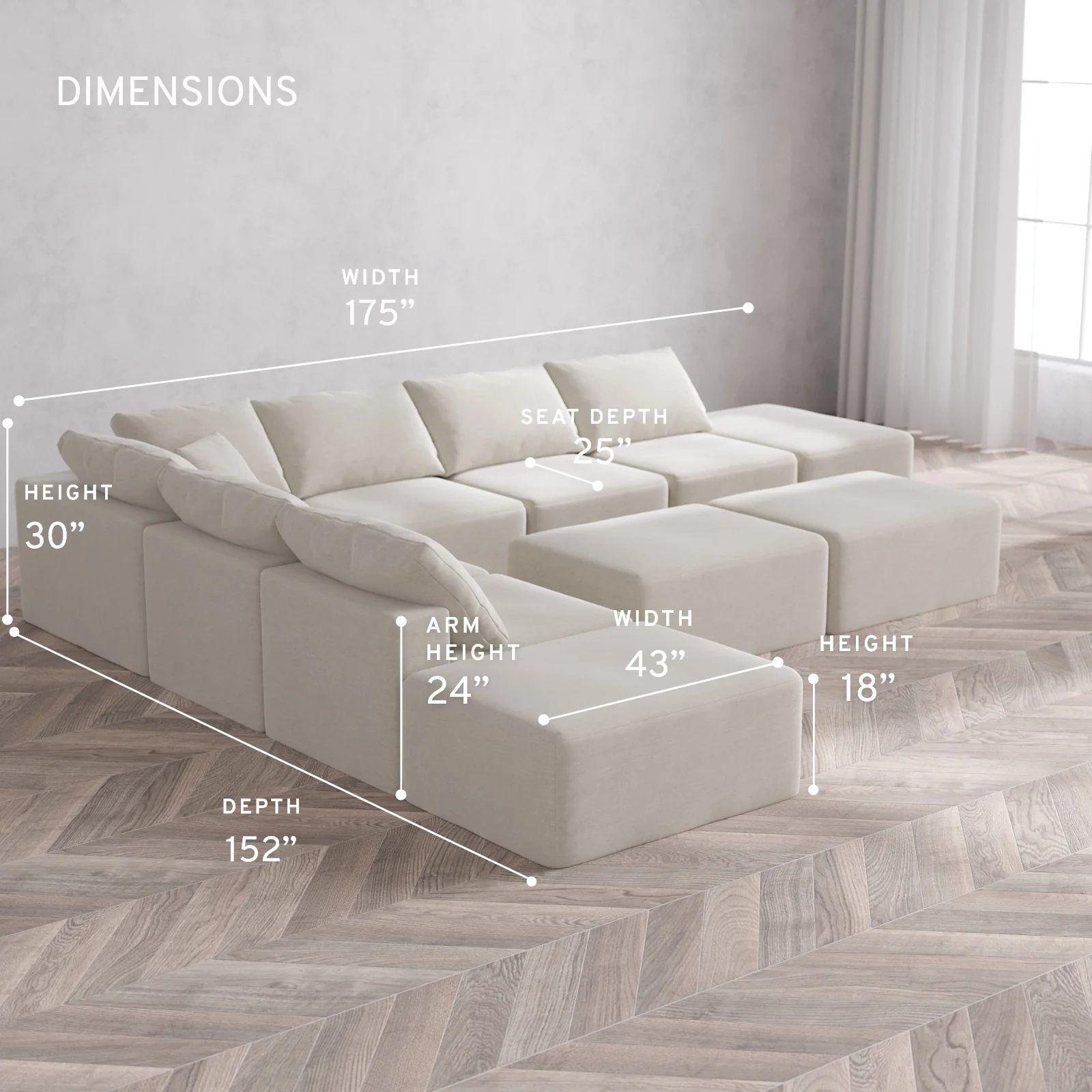 Modular Washable 8-Seater Open-Ends Corner Sectional + Chaise Ottoman Bench Cloud Sofa | Satin Velvet in Cashew - Image 5