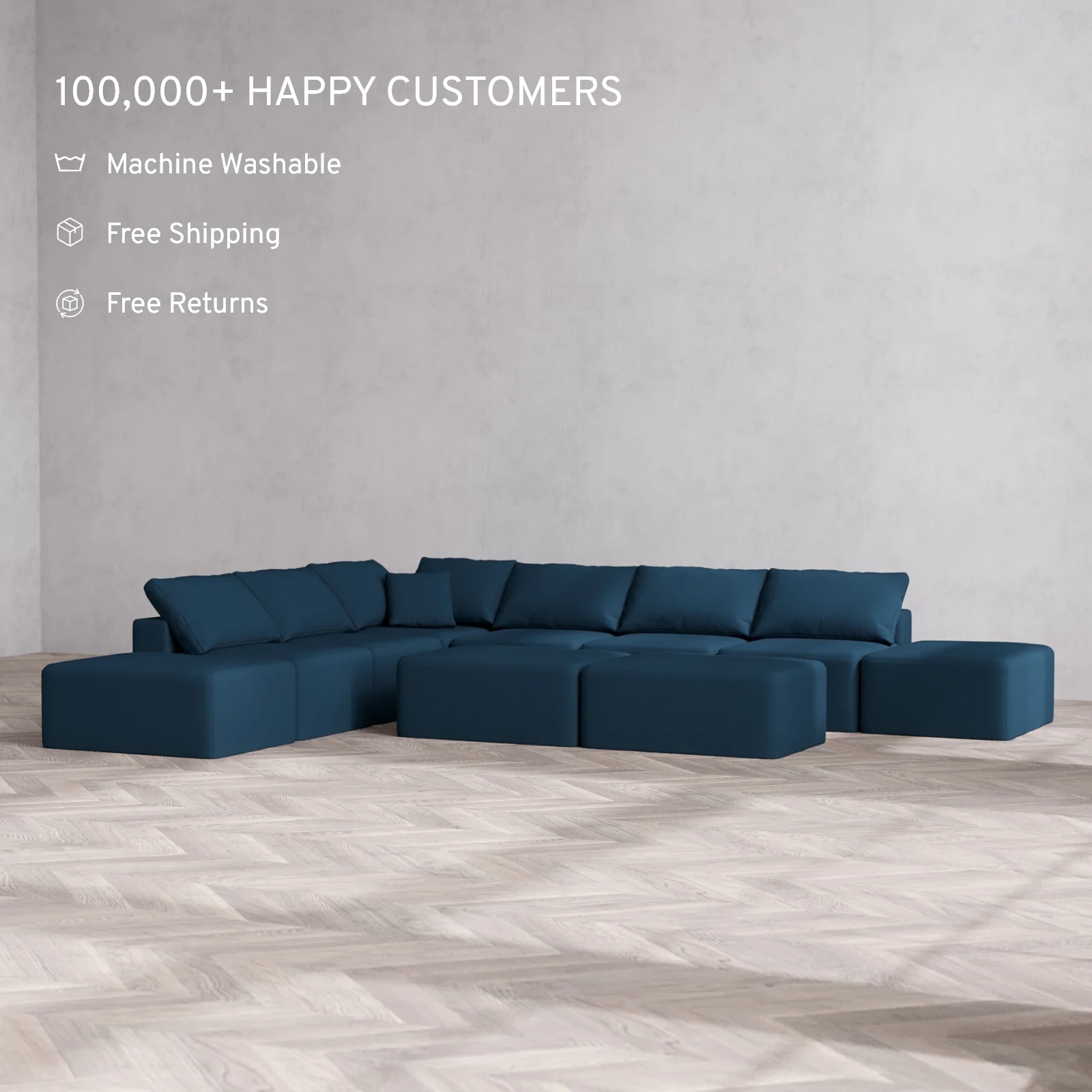 Modular Washable 8-Seater Open-Ends Corner Sectional + Chaise Ottoman Bench Cloud Sofa | Arden Weave in Lazuli - Image 2