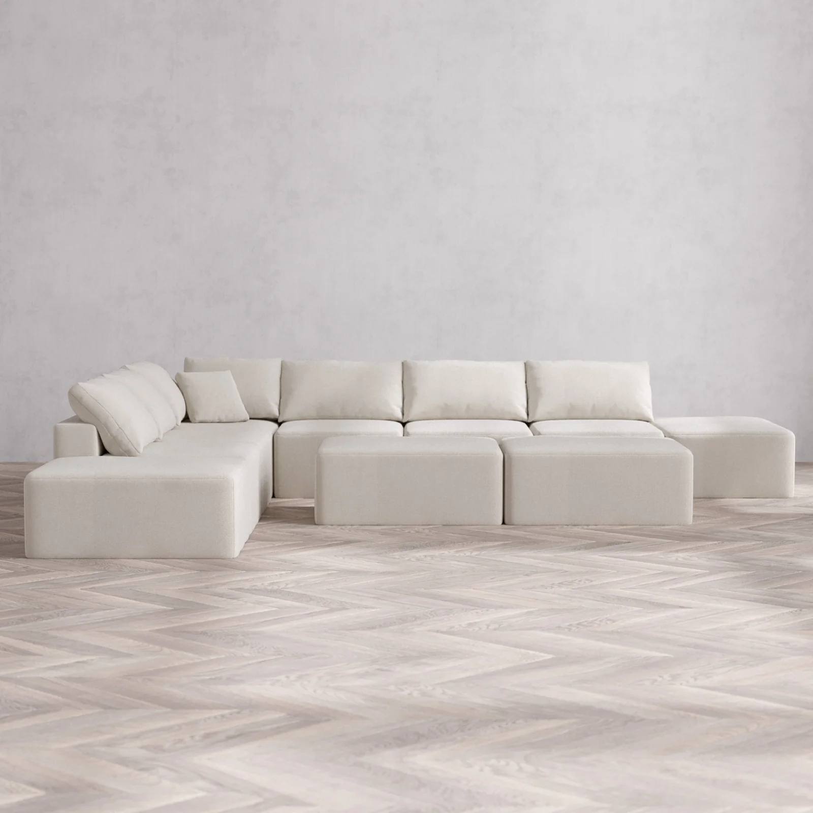 Modular Washable 8-Seater Open-Ends Corner Sectional + Chaise Ottoman Bench Cloud Sofa | Lux Weave in Pearl