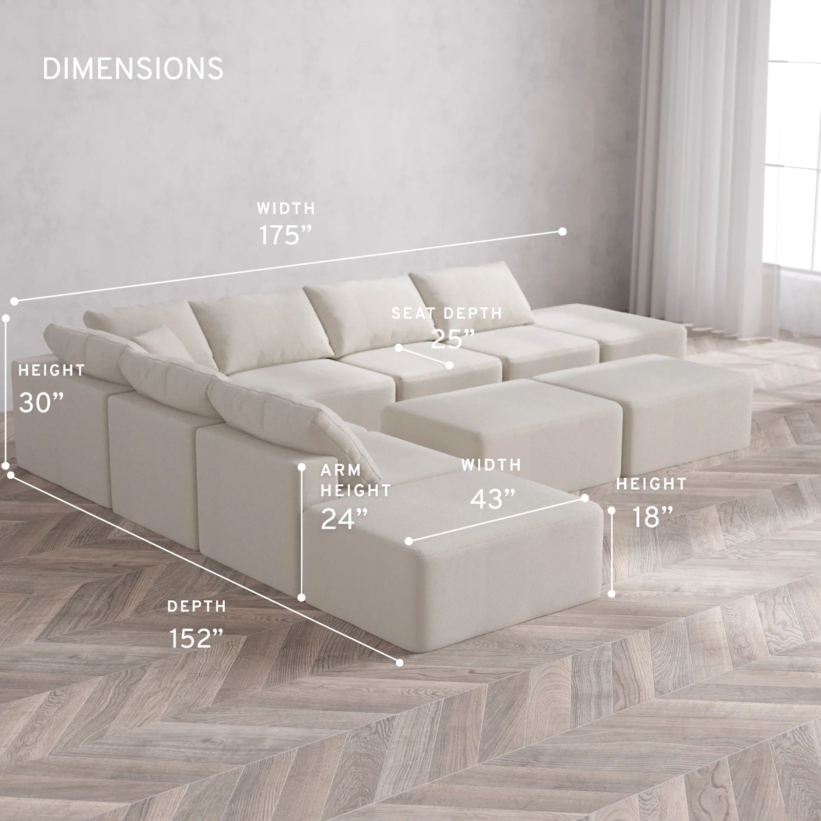 Modular Washable 8-Seater Open-Ends Corner Sectional + Chaise Ottoman Bench Cloud Sofa | Lux Weave in Pearl - Image 5