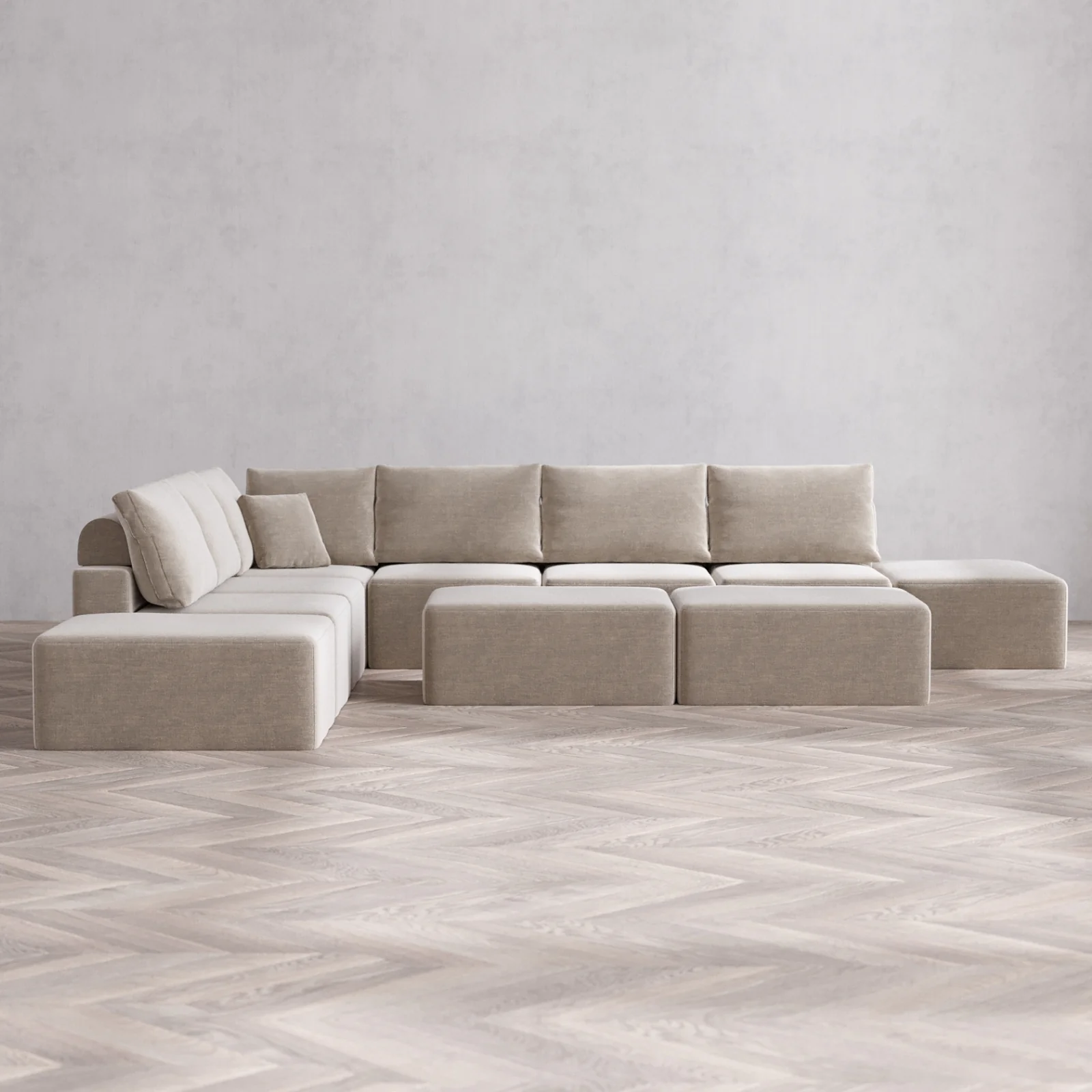 Modular Washable 8-Seater Open-Ends Corner Sectional + Chaise Ottoman Bench Cloud + Bolster Sofa | Satin Velvet in Caraway