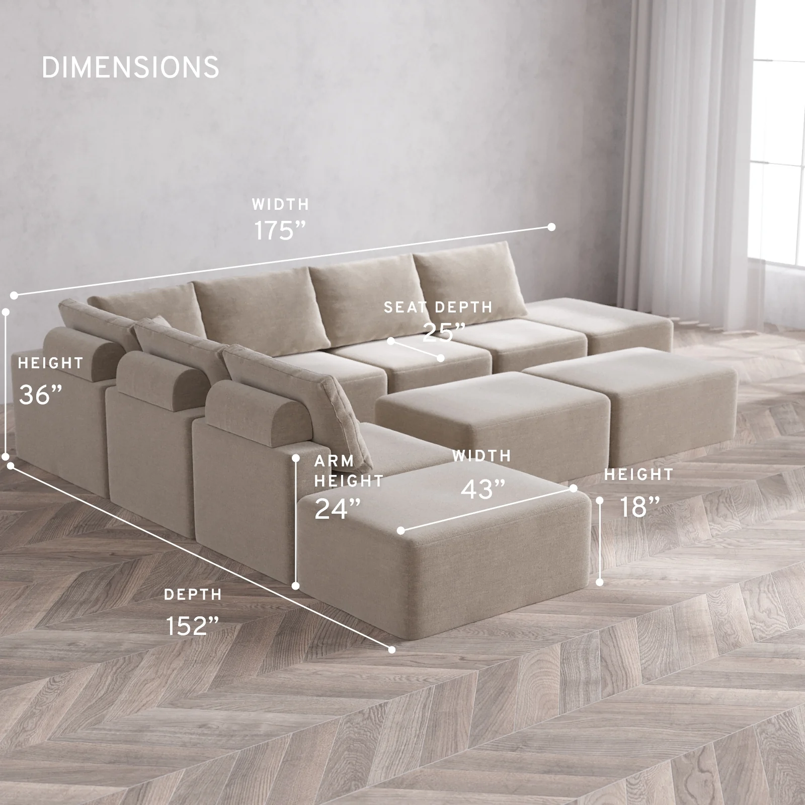 Modular Washable 8-Seater Open-Ends Corner Sectional + Chaise Ottoman Bench Cloud + Bolster Sofa | Satin Velvet in Caraway - Image 5