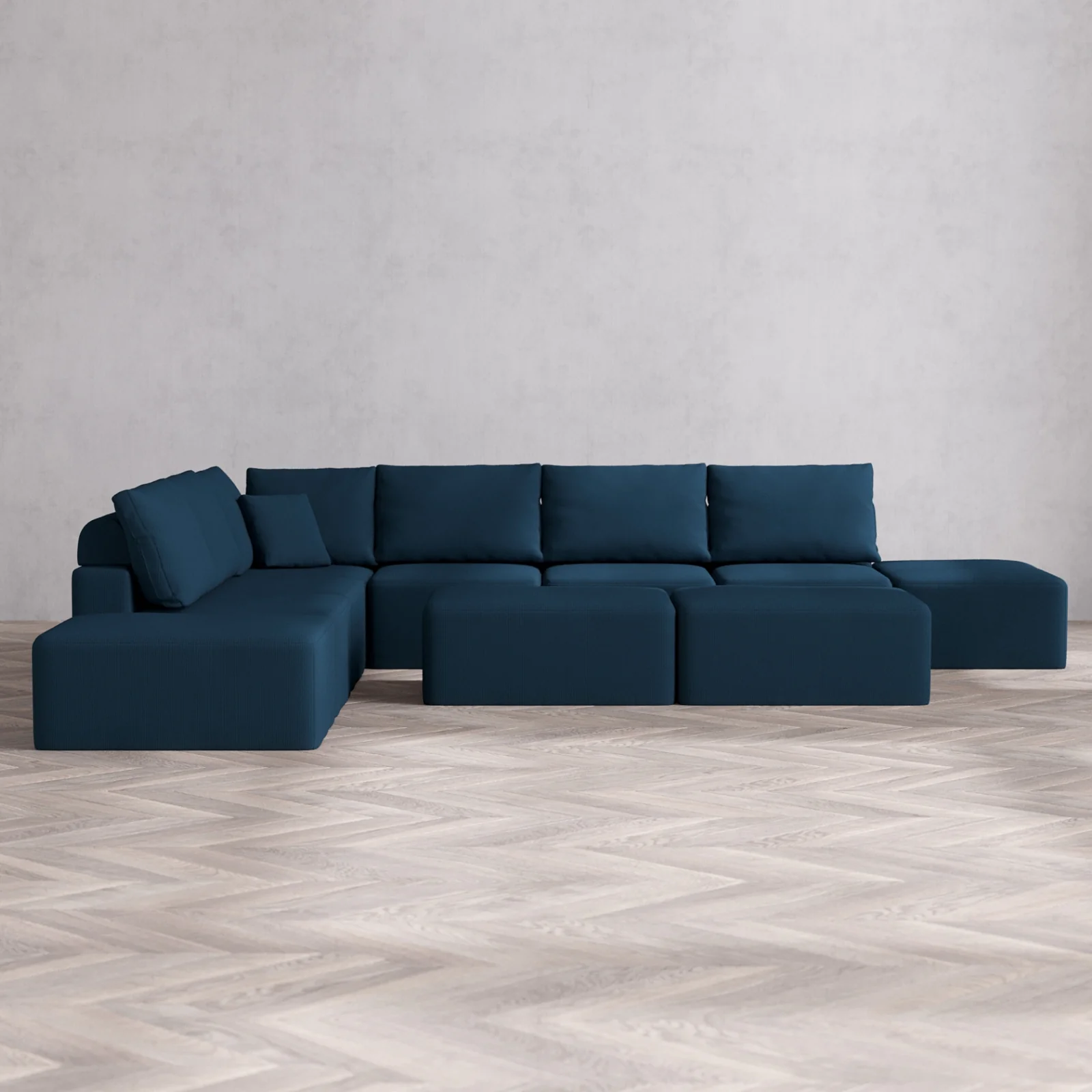 Modular Washable 8-Seater Open-Ends Corner Sectional + Chaise Ottoman Bench Cloud + Bolster Sofa | Arden Weave in Lazuli