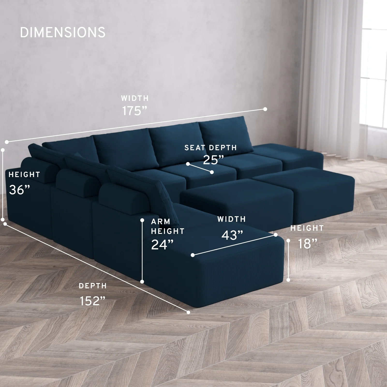 Modular Washable 8-Seater Open-Ends Corner Sectional + Chaise Ottoman Bench Cloud + Bolster Sofa | Arden Weave in Lazuli - Image 5