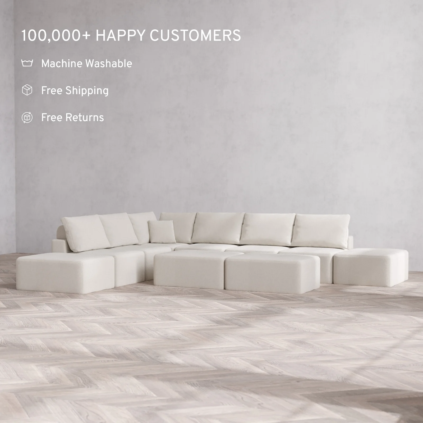 Modular Washable 8-Seater Open-Ends Corner Sectional + Chaise Ottoman Bench Cloud + Bolster Sofa | Lux Weave in Pearl - Image 2
