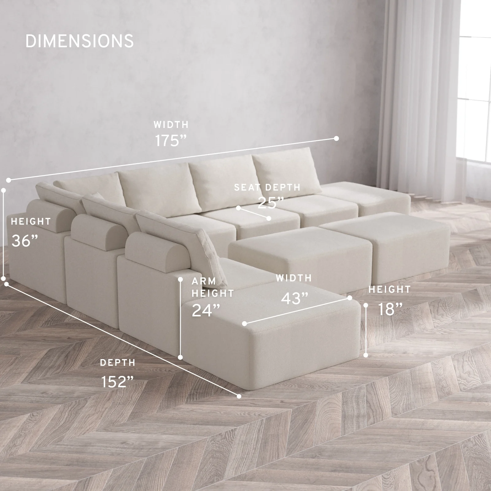 Modular Washable 8-Seater Open-Ends Corner Sectional + Chaise Ottoman Bench Cloud + Bolster Sofa | Lux Weave in Pearl - Image 5