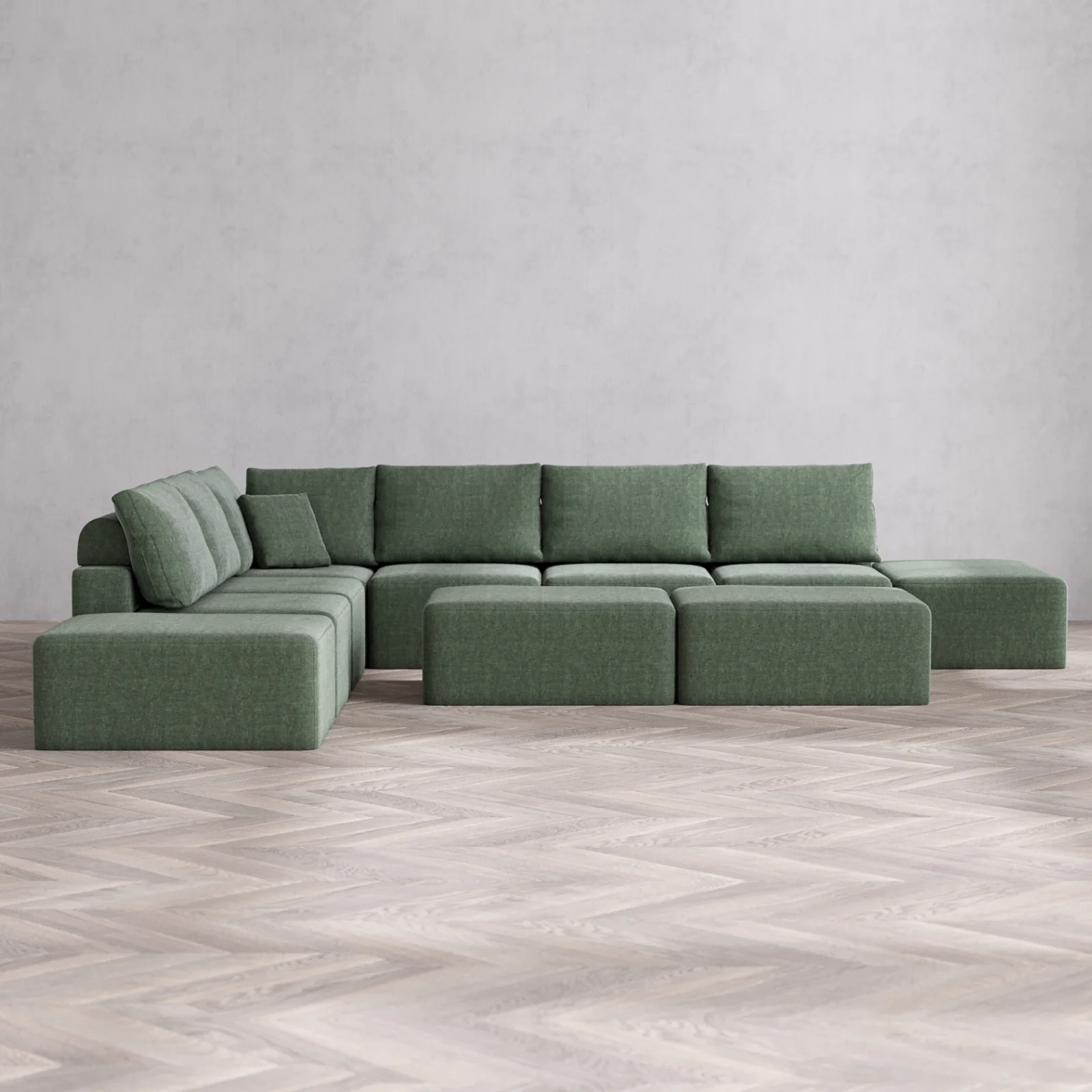 Modular Washable 8-Seater Open-Ends Corner Sectional + Chaise Ottoman Bench Cloud + Bolster Sofa | Heirloom Velvet in Sage