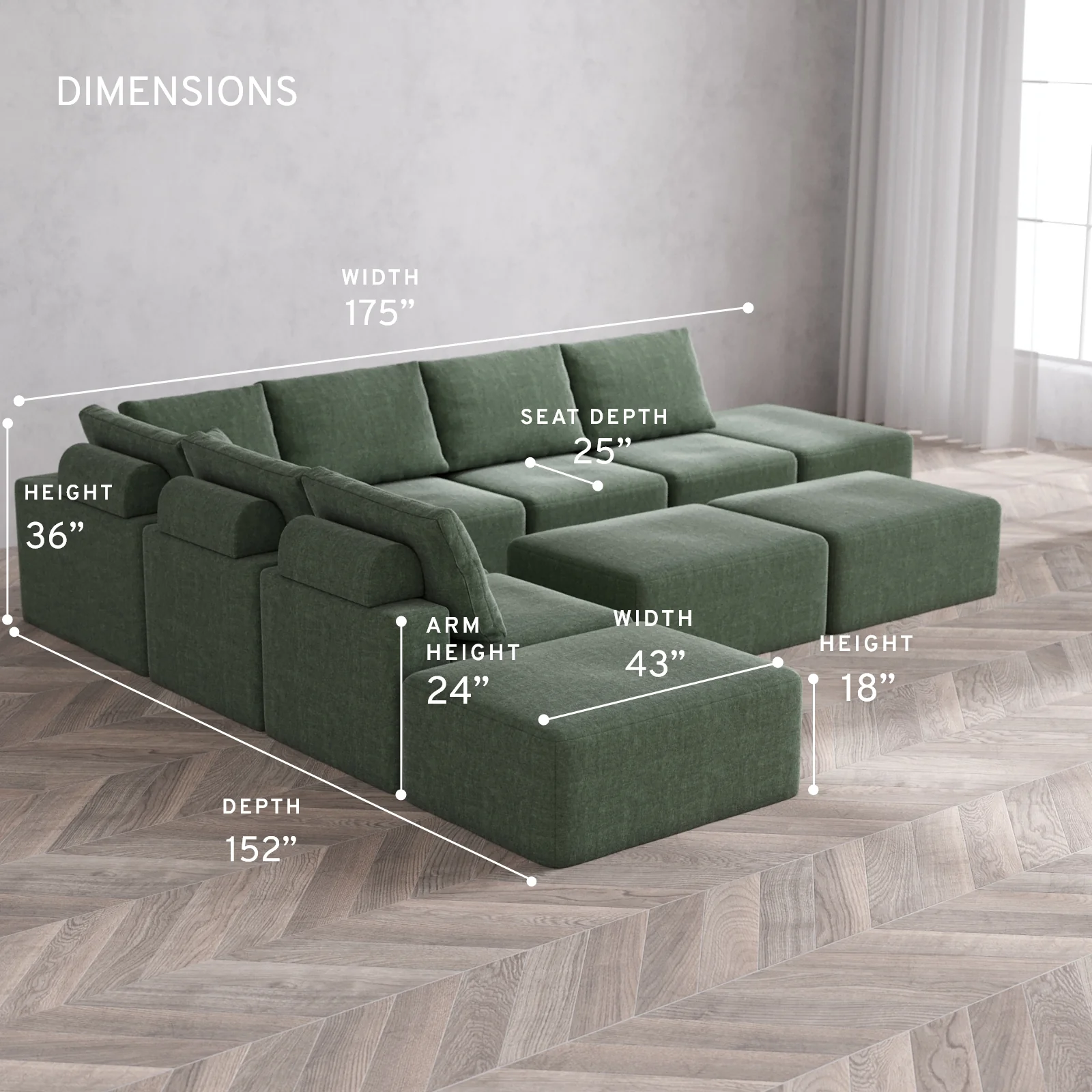 Modular Washable 8-Seater Open-Ends Corner Sectional + Chaise Ottoman Bench Cloud + Bolster Sofa | Heirloom Velvet in Sage - Image 5