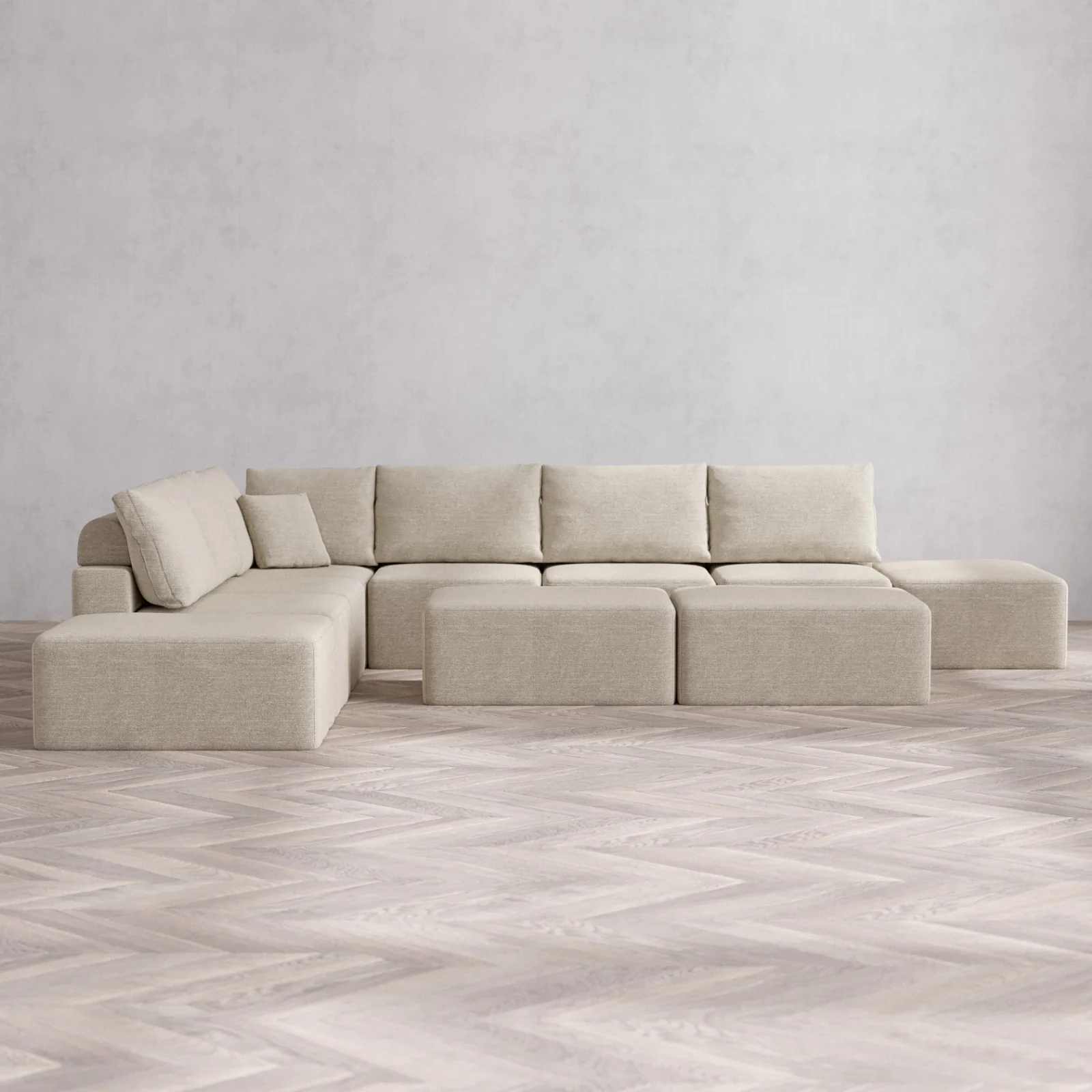 Modular Washable 8-Seater Open-Ends Corner Sectional + Chaise Ottoman Bench Cloud + Bolster Sofa | Plush Twill in Sandstone