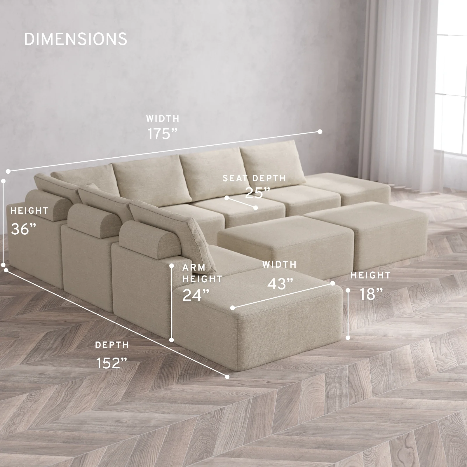 Modular Washable 8-Seater Open-Ends Corner Sectional + Chaise Ottoman Bench Cloud + Bolster Sofa | Plush Twill in Sandstone - Image 5