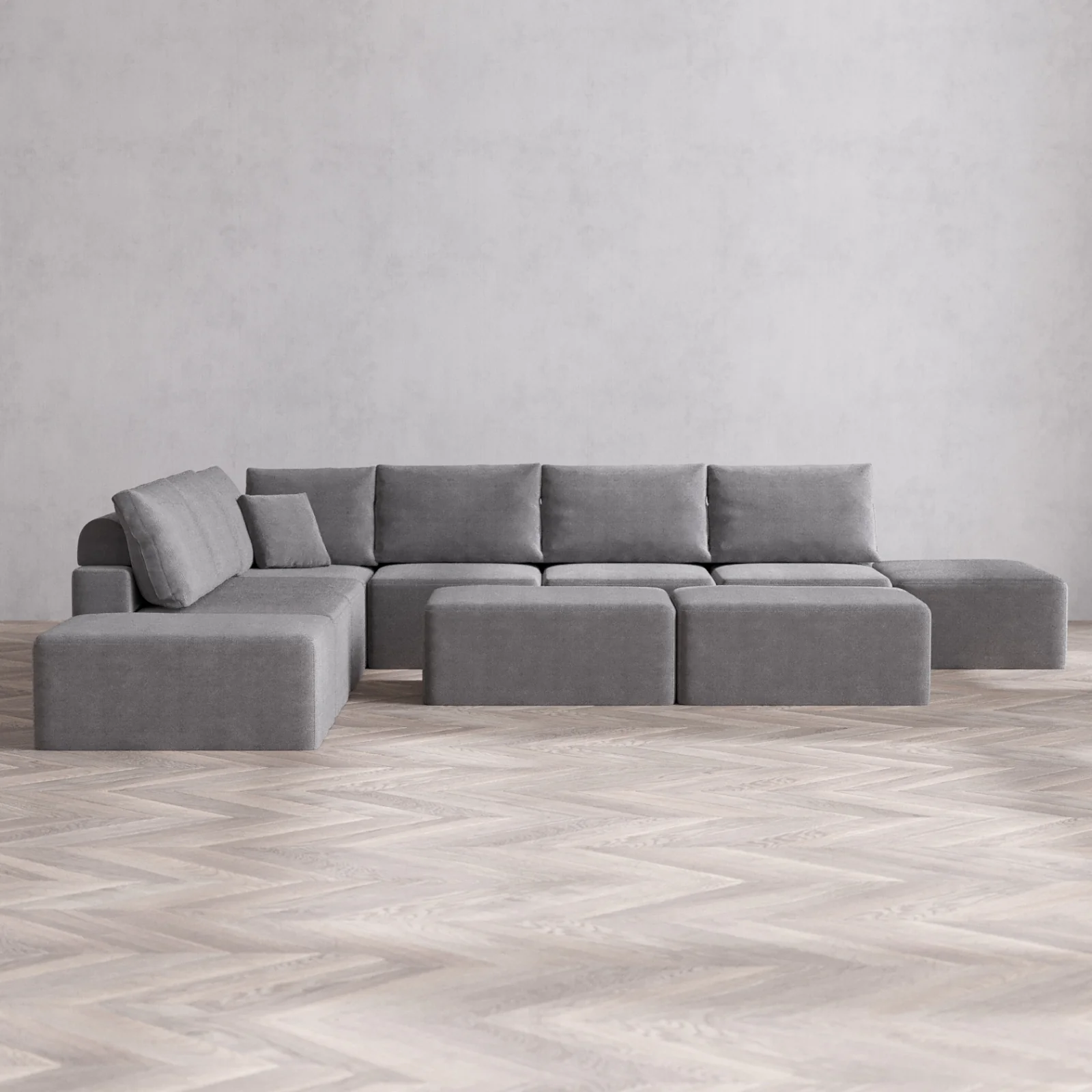 Modular Washable 8-Seater Open-Ends Corner Sectional + Chaise Ottoman Bench Cloud + Bolster Sofa | Lux Weave in Slate